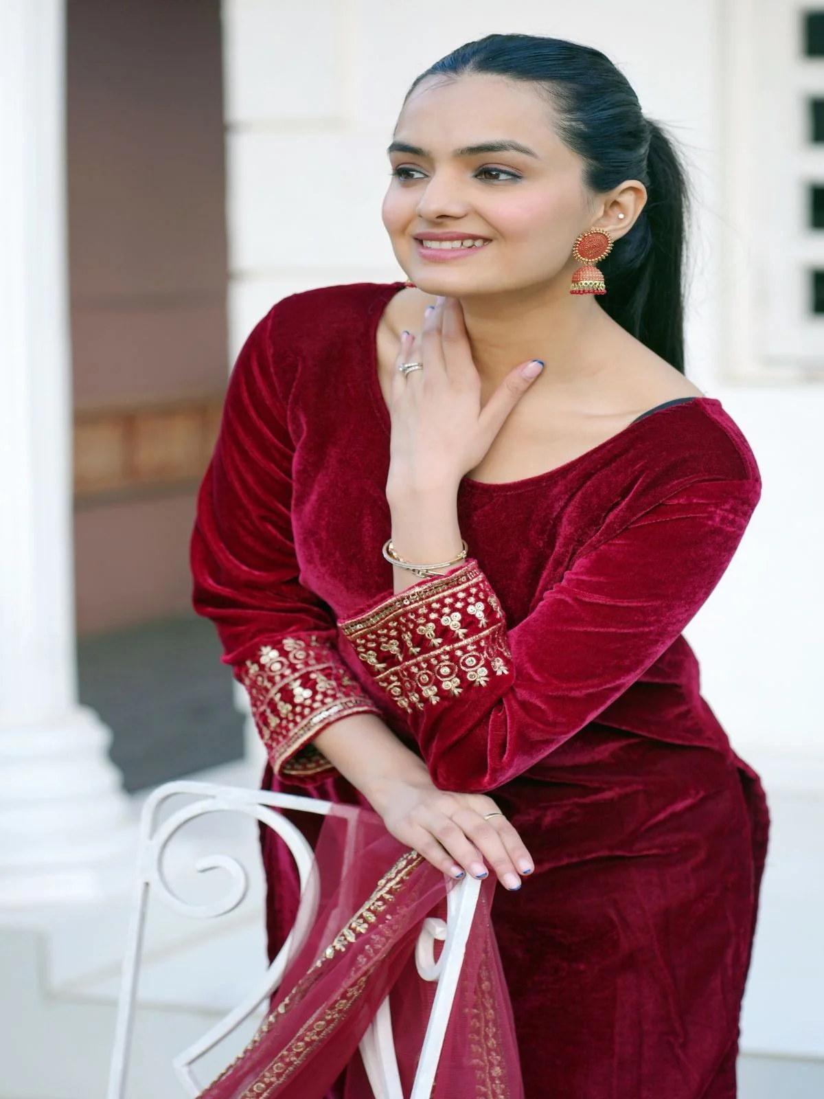 Odette Red Velvet Embroidered Stitched Kurta Set For Women - Image 5