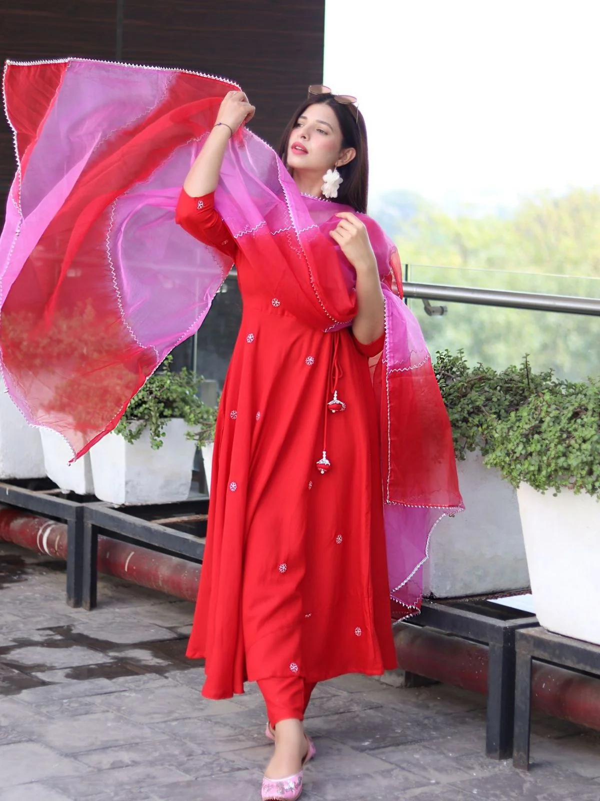 Odette Red Viscose Embroidered Stiched Kurta Set For Women - Image 3