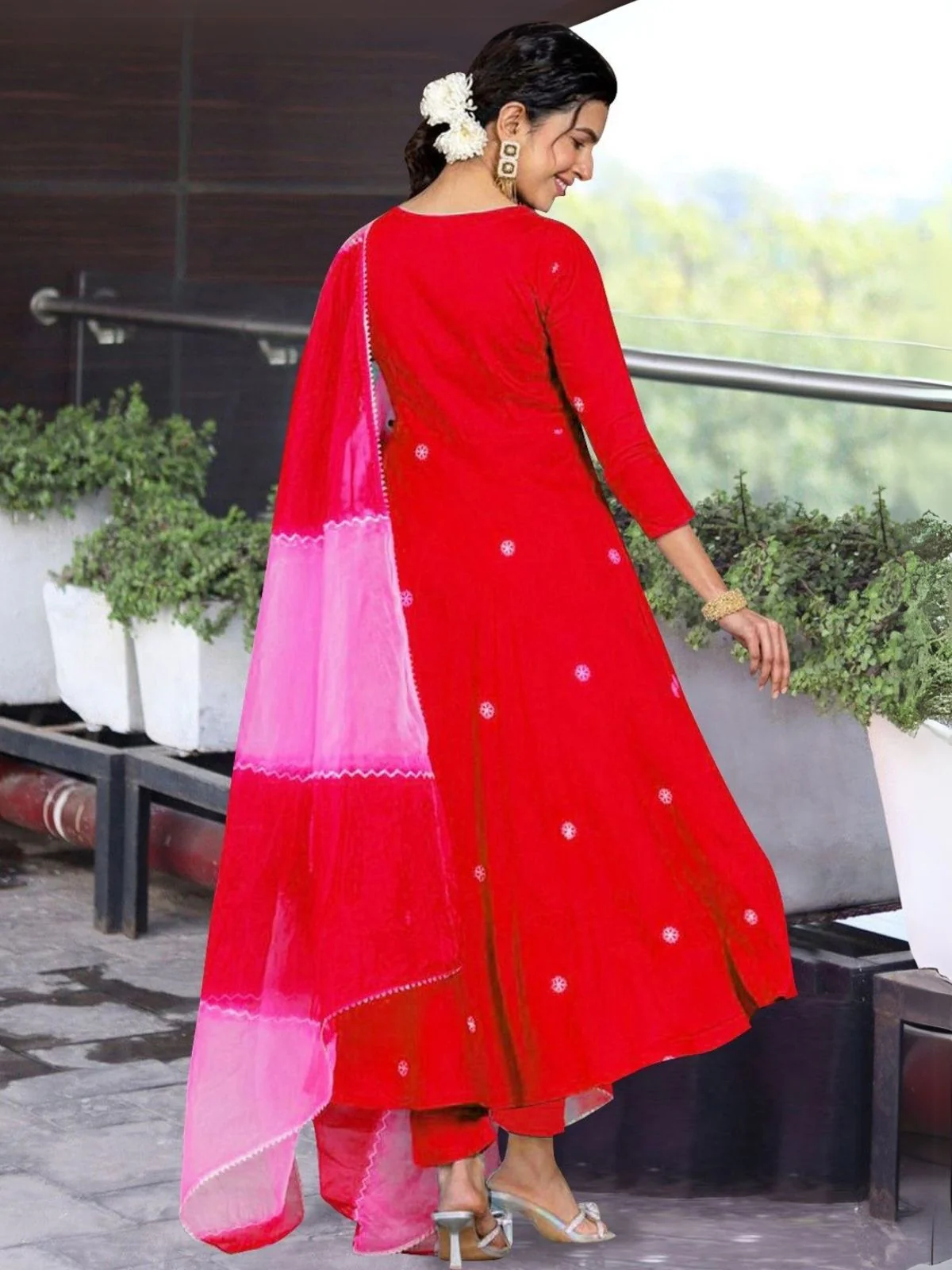 Odette Red Viscose Embroidered Stiched Kurta Set For Women - Image 5