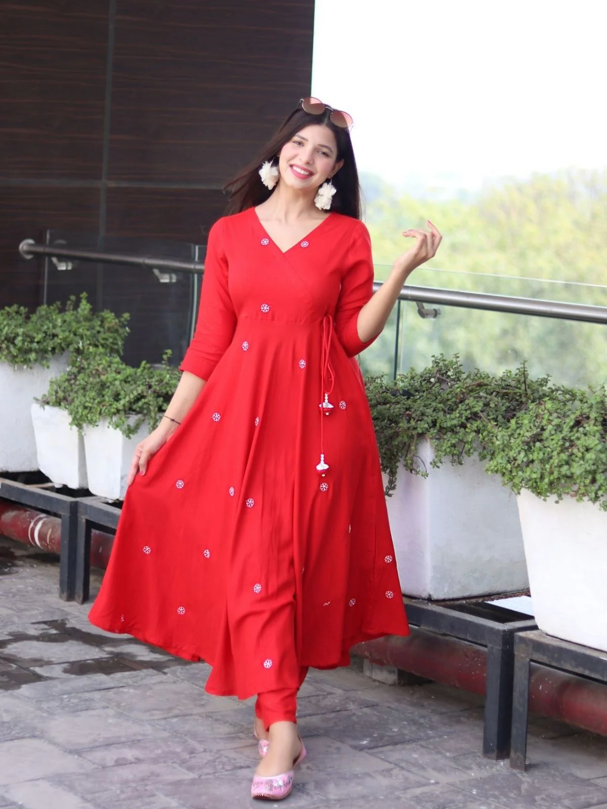Odette Red Viscose Embroidered Stiched Kurta Set For Women - Image 7
