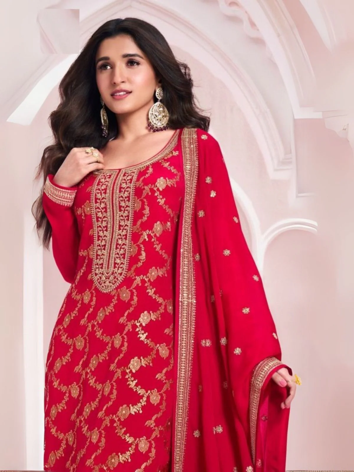 Odette Red Viscose Rayon Embroidered Semi-Stitched Kurta Set For Women - Image 2