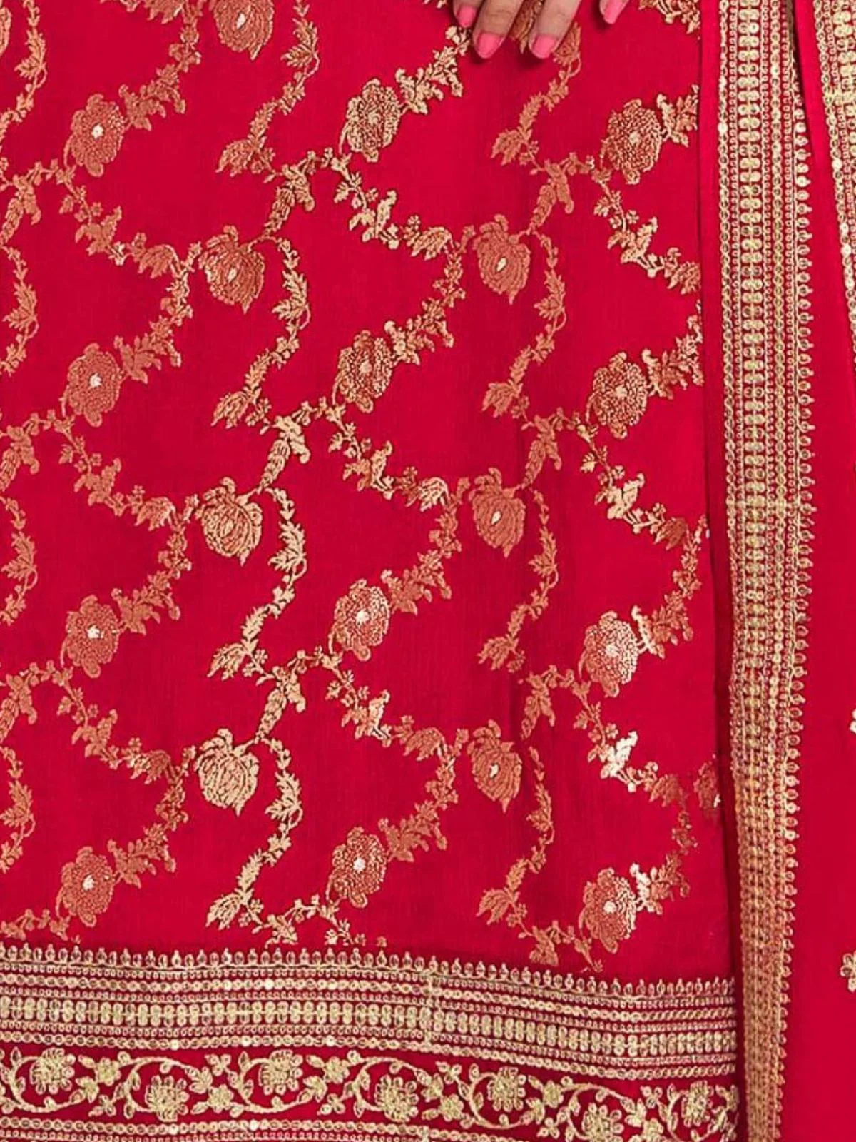 Odette Red Viscose Rayon Embroidered Semi-Stitched Kurta Set For Women - Image 3