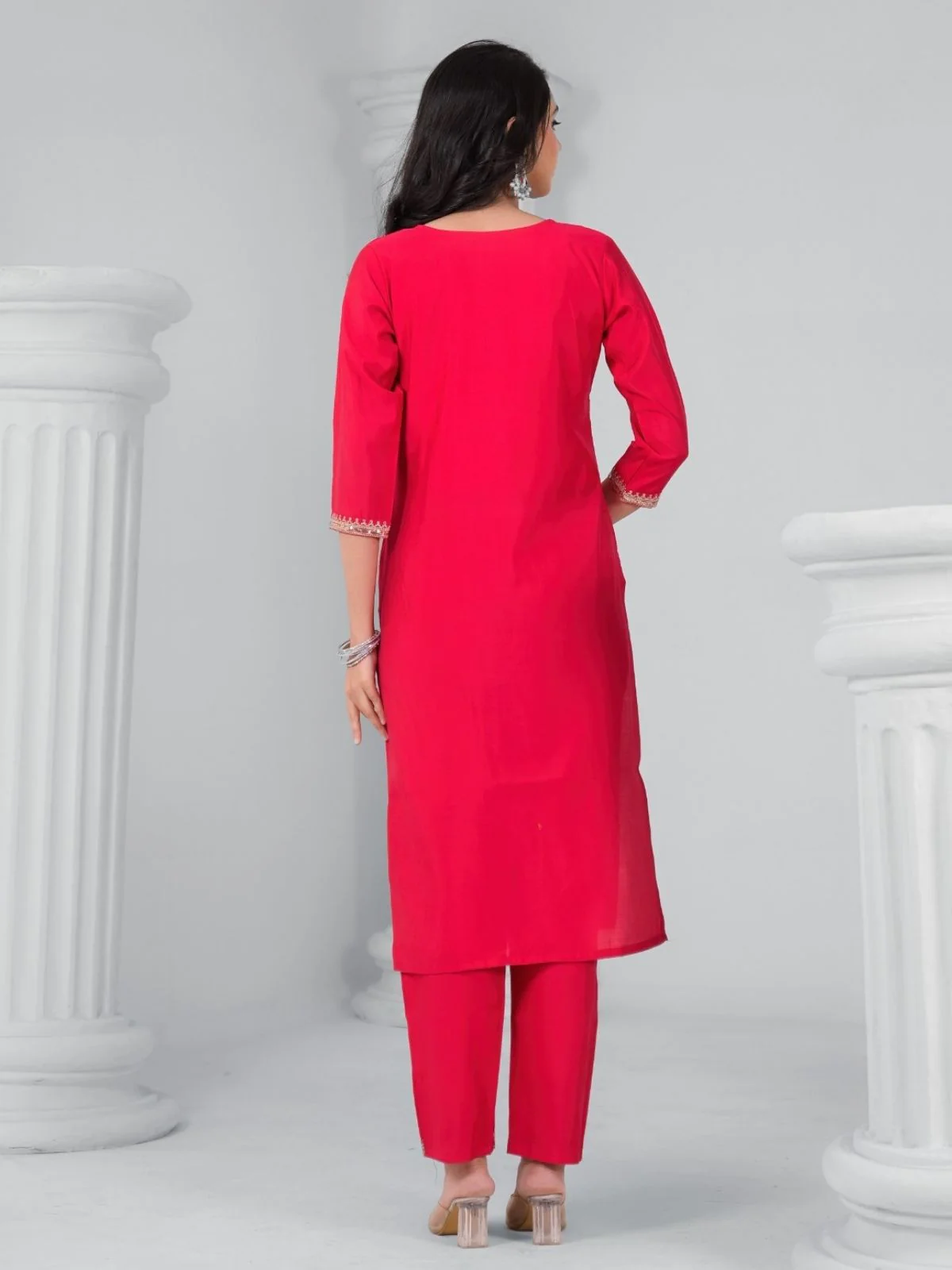 Odette Red Viscose Rayon Embroidered Stitched Kurta Set For Women - Image 2