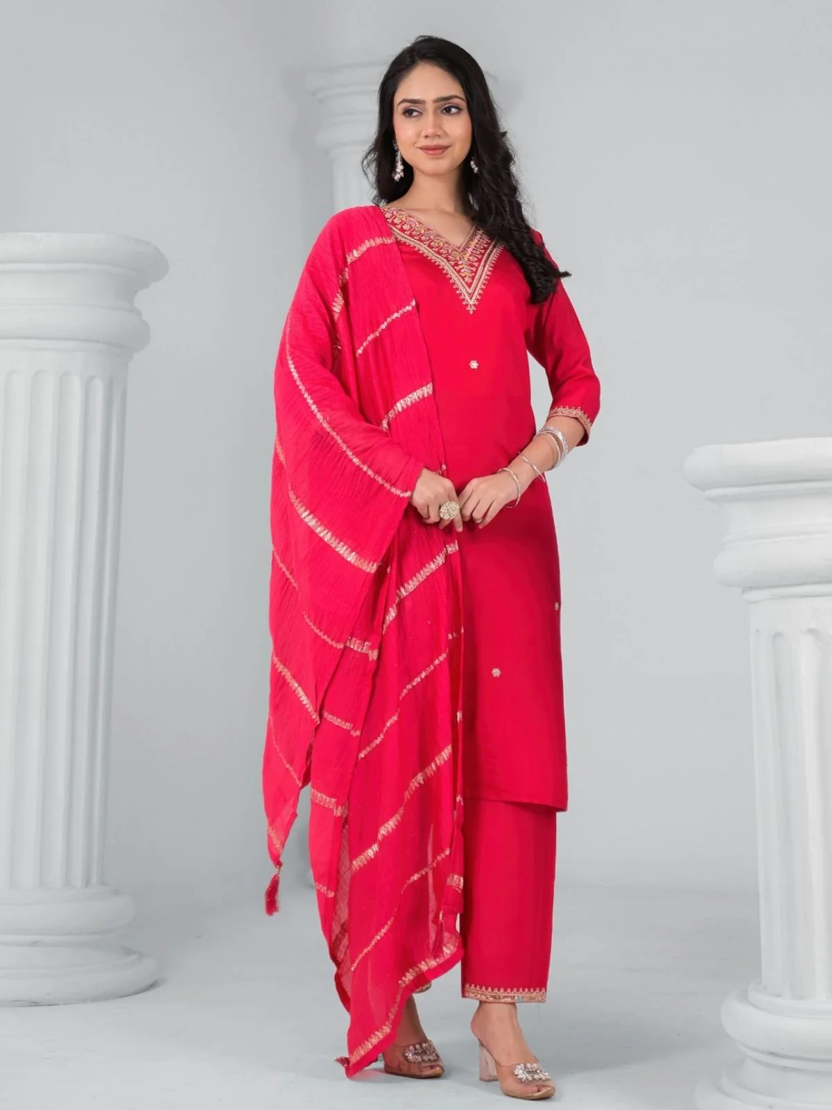 Odette Red Viscose Rayon Embroidered Stitched Kurta Set For Women - Image 4