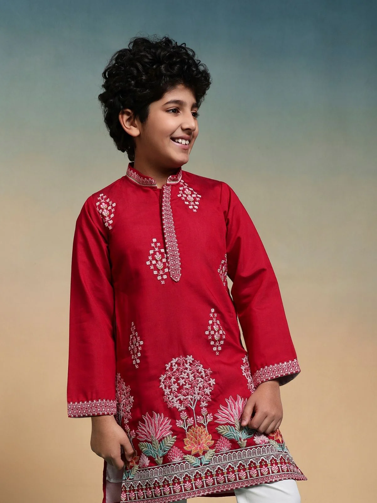 Odette Red Viscose Silk Embroidered Stitched Kurta Set For Kids - Image 3