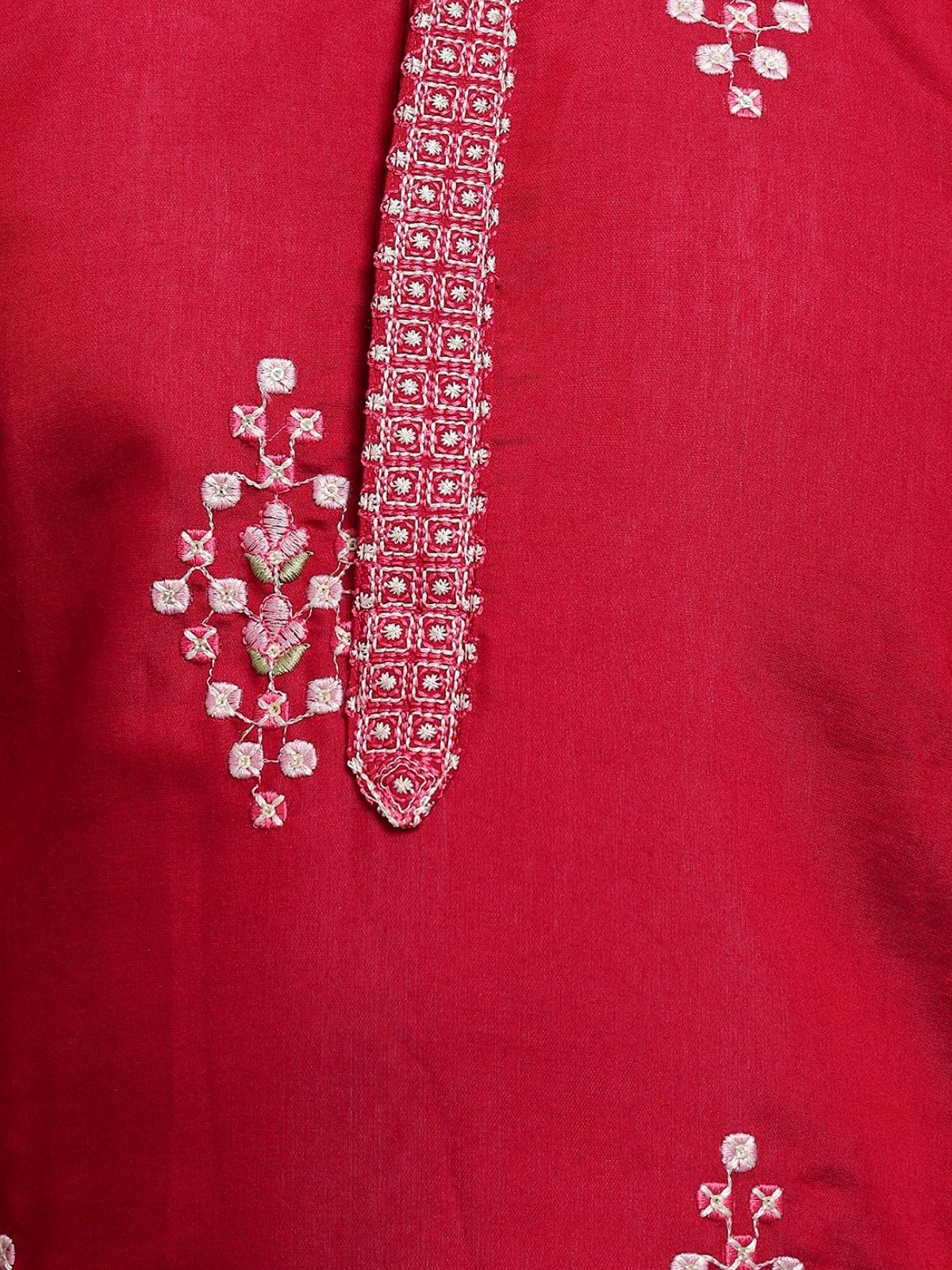 Odette Red Viscose Silk Embroidered Stitched Kurta Set For Kids - Image 4