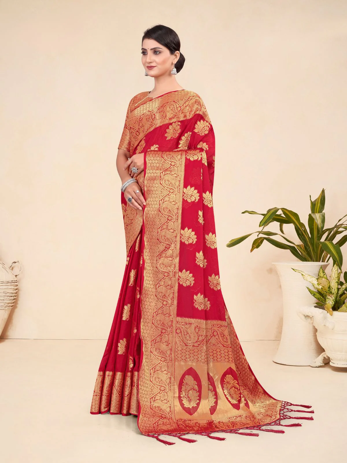 Odette Red Viscose Woven Saree With Unstitched Blouse For Women - Image 2