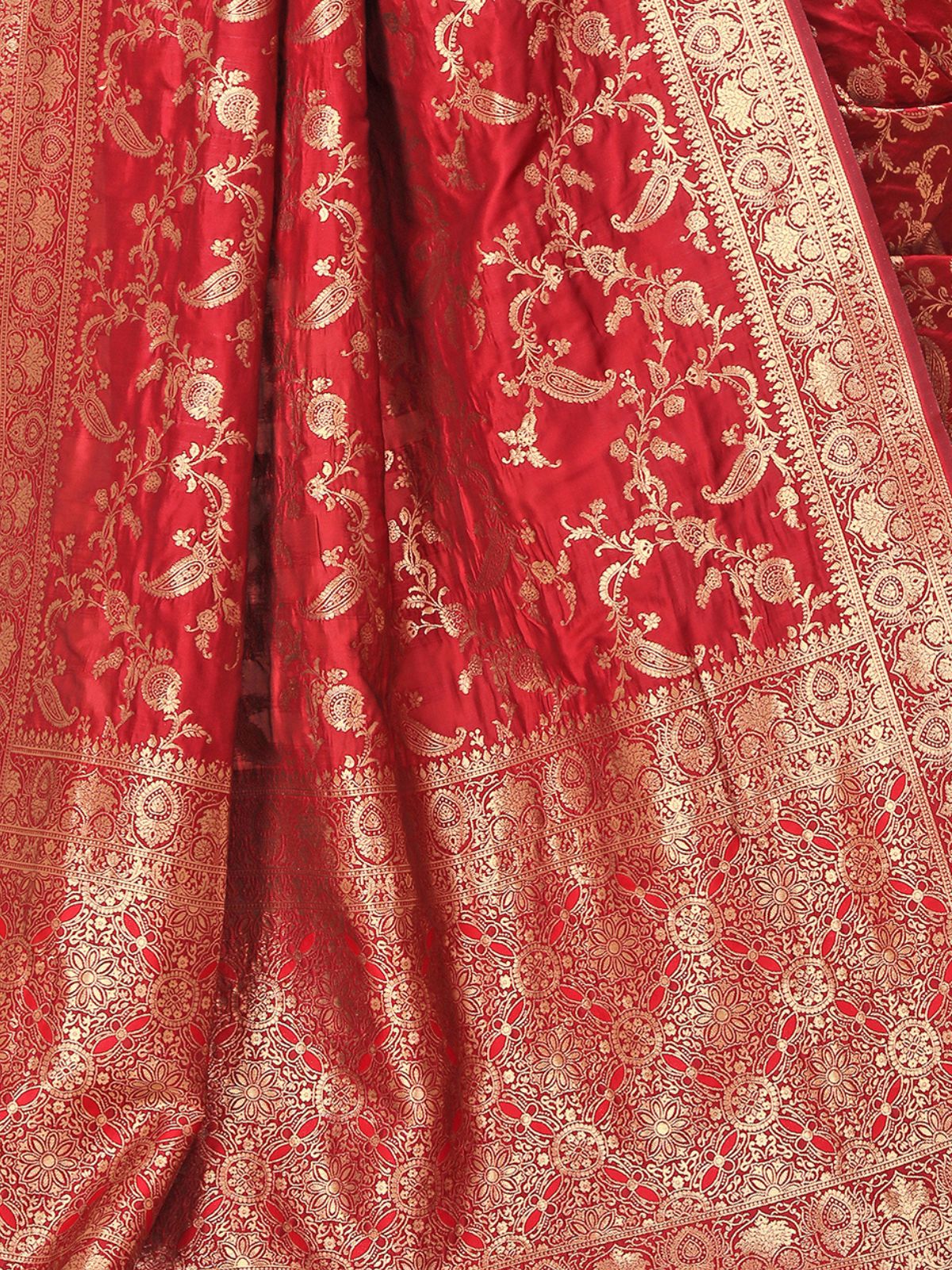 Odette Red Woven Banarasi Silk Saree With Unstitched Blouse For Women - Image 6