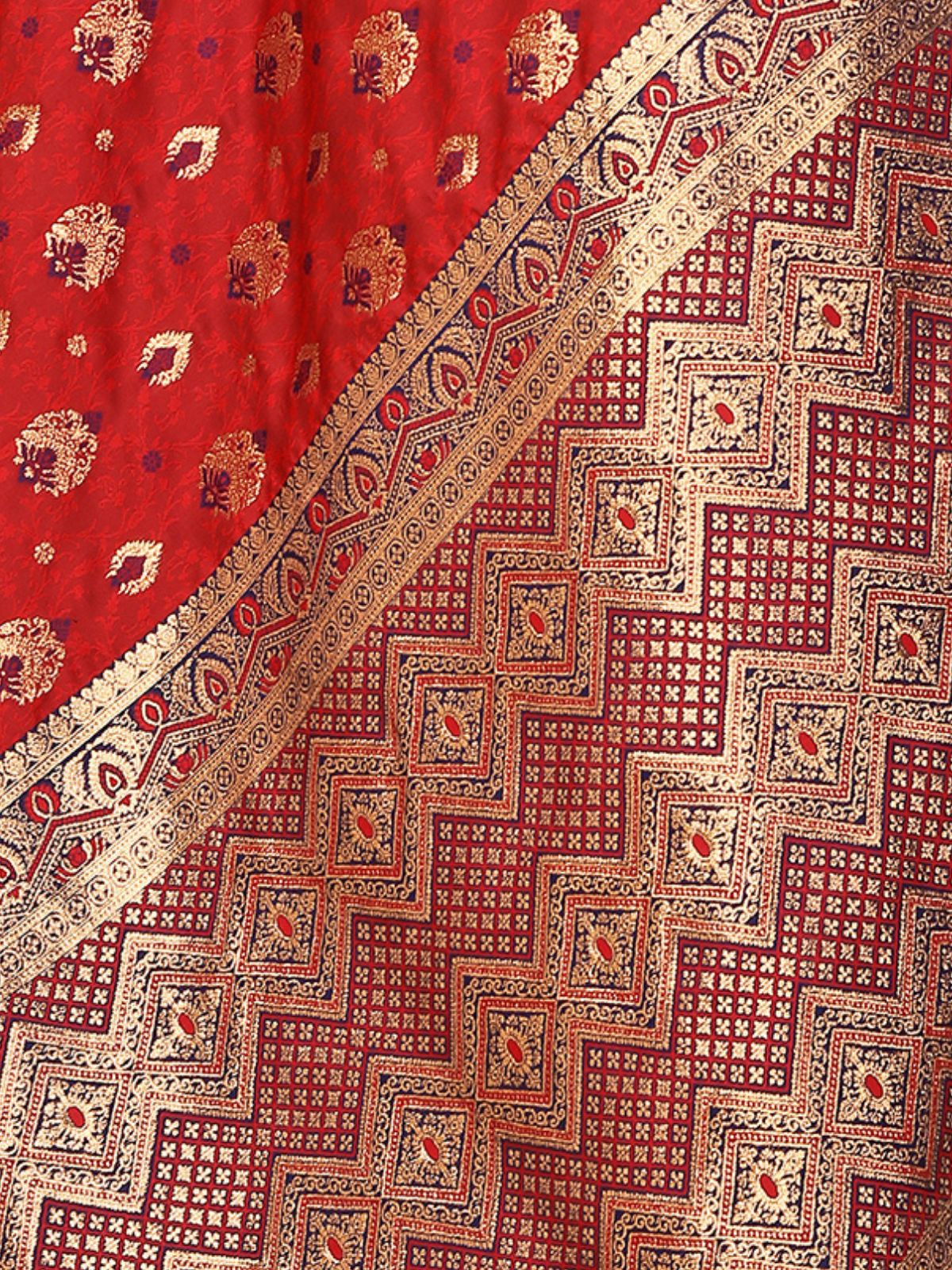 Odette Red Woven Banarasi Silk Saree With unstitched Blouse For Women - Image 6