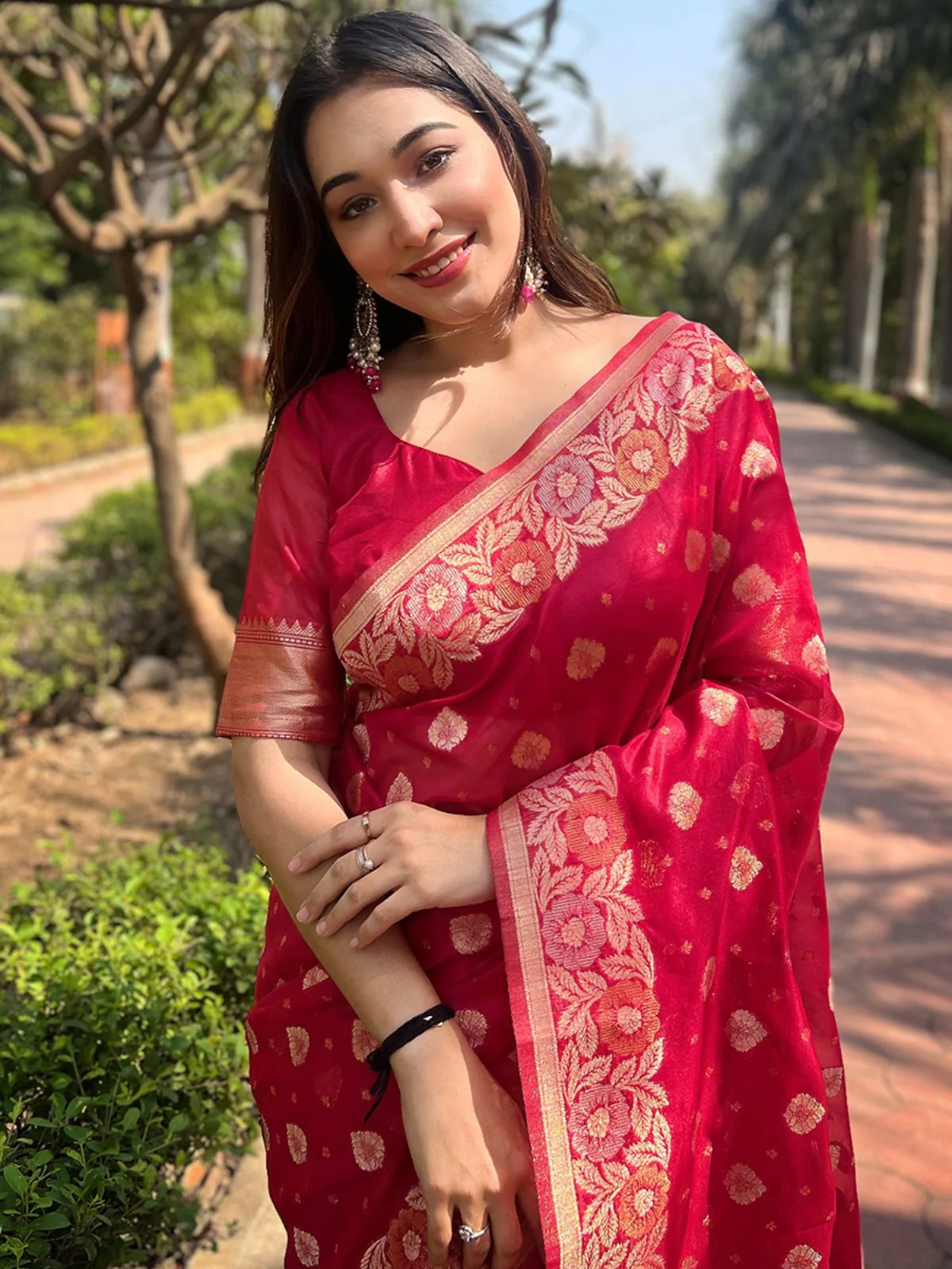 Odette Red Woven Design Organza Saree With Unstitched Blouse For Women - Image 3