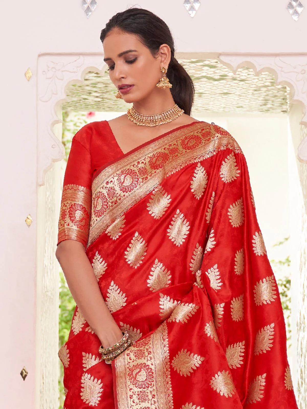 Odette Red Woven Design Satin Silk Saree With Unstitched Blouse For Women - Image 3