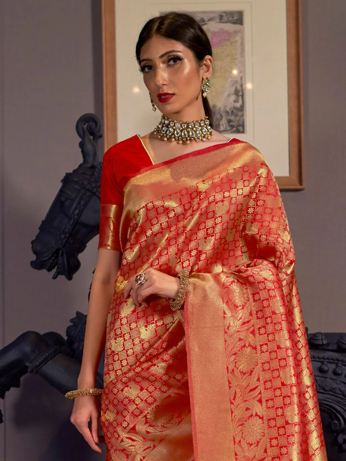 Odette Red Woven Design Silk Blend Saree With Unstitched Blouse For Women - Image 2