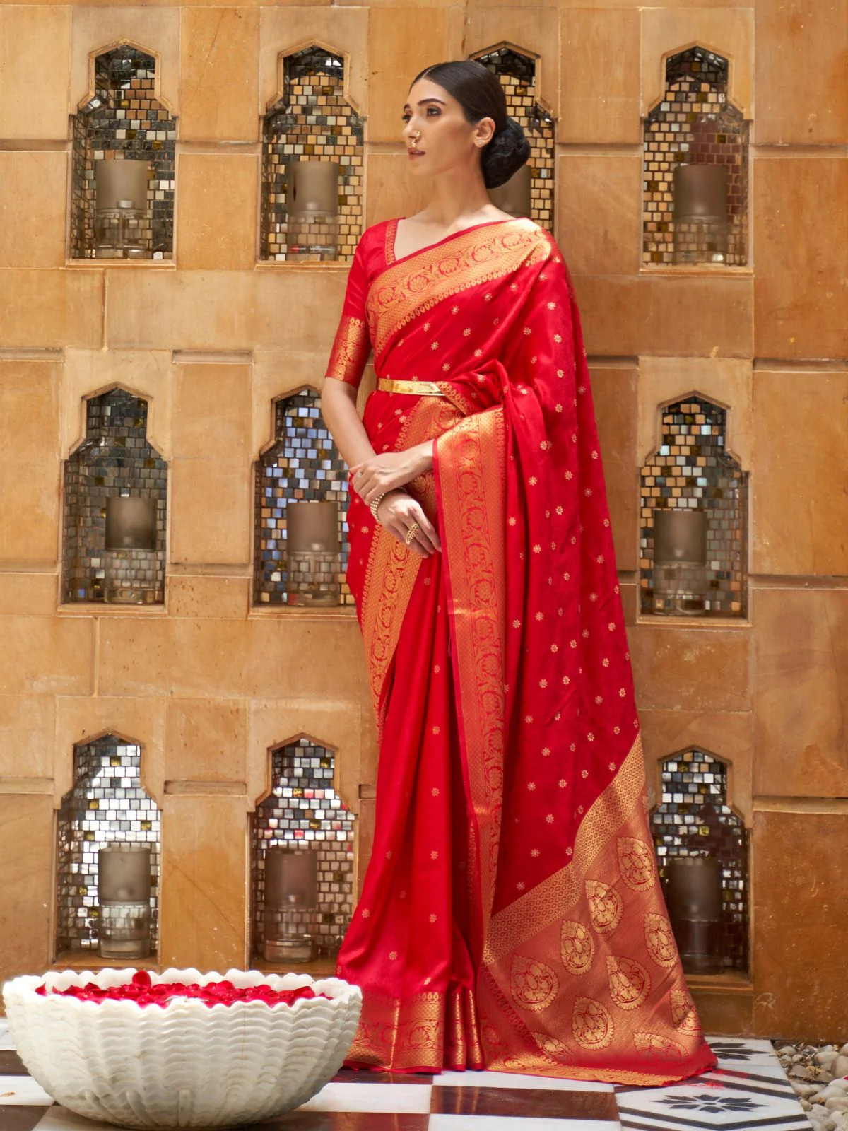 Odette Red Woven Design Silk Blend Saree With Unstitched Blouse For Women - Image 2