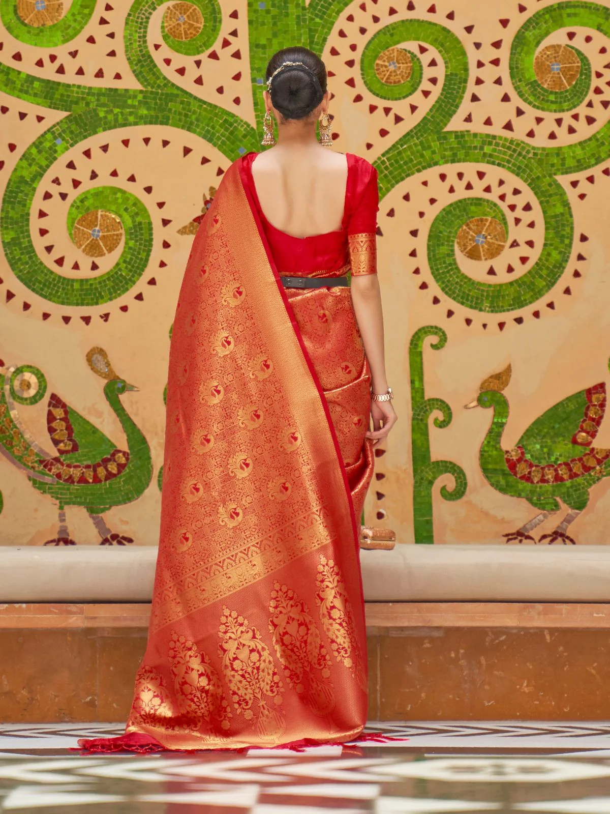Odette Red Woven Design Silk Blend Saree With Unstitched Blouse For Women - Image 3