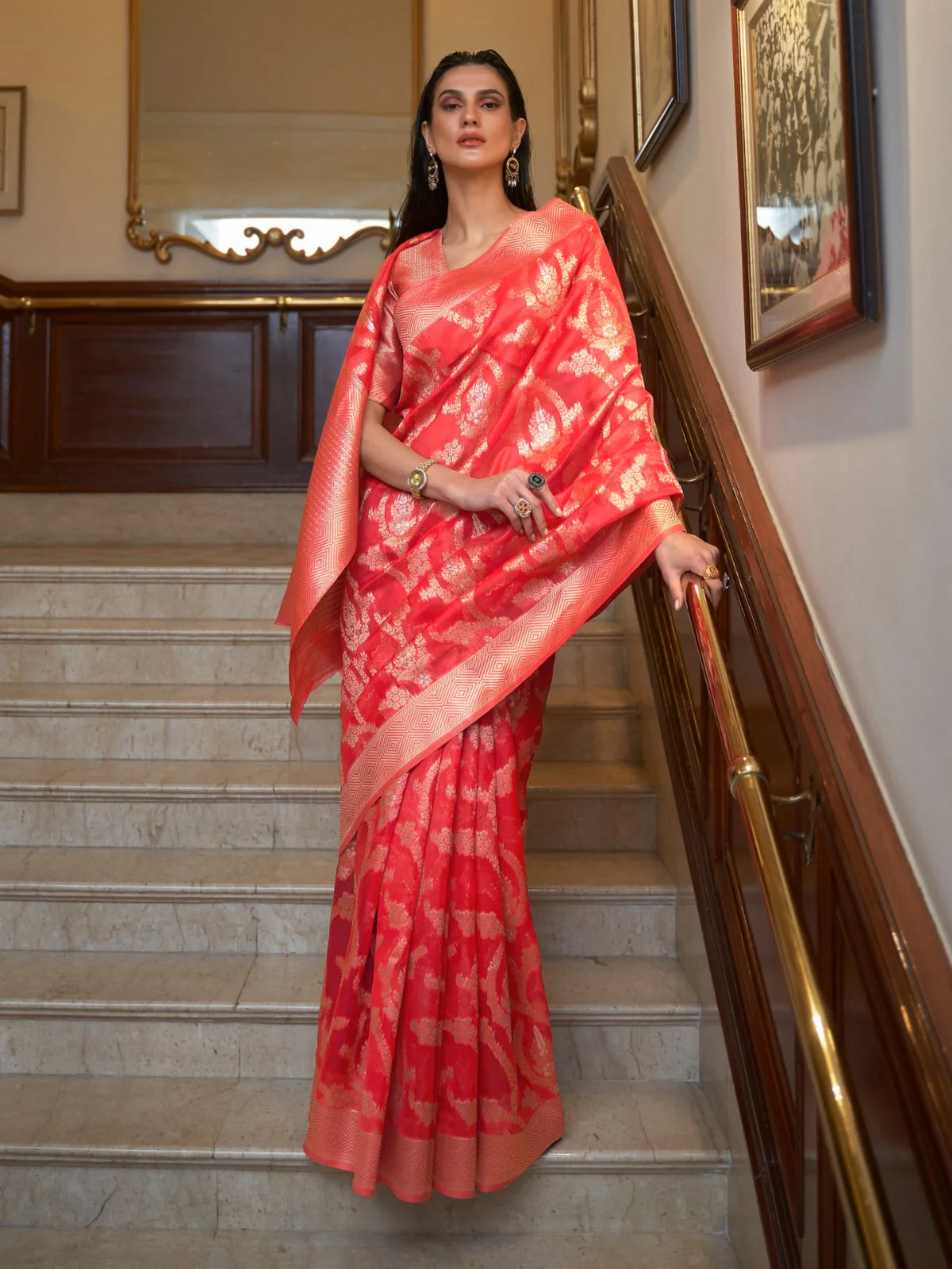 Odette Red Woven Design Silk Blend Saree With Unstitched Blouse For Women - Image 2