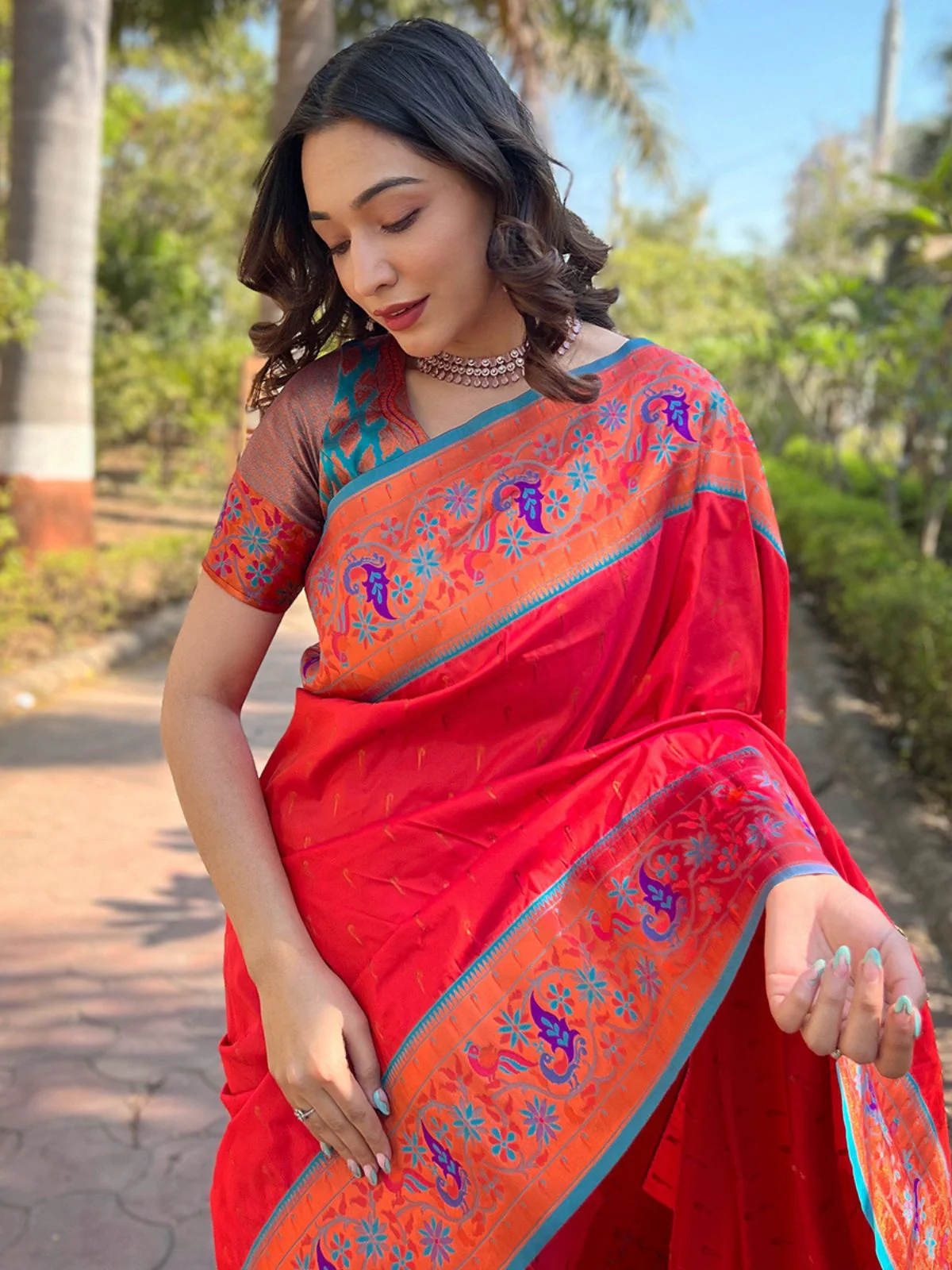 Odette Red Woven Design Silk Blend Saree With Unstitched Blouse For Women - Image 3
