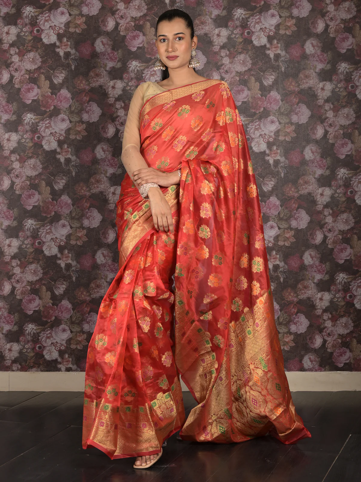 Odette Red Woven Silk Blend Saree With Unstitched Blouse For Women - Image 2