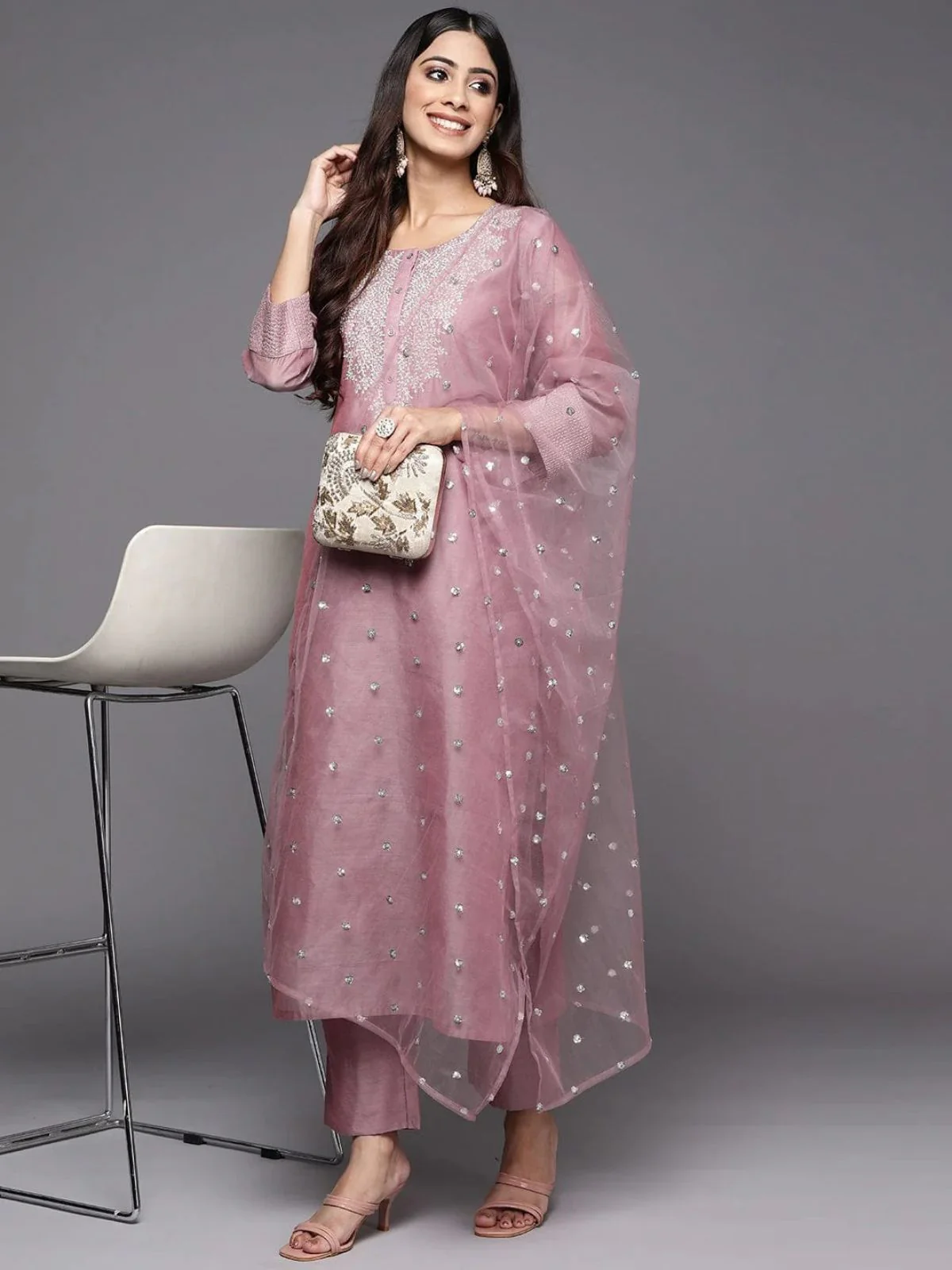 Odette Mauve Embroidered Poly Silk Stitched Kurta Set For Women - Image 2