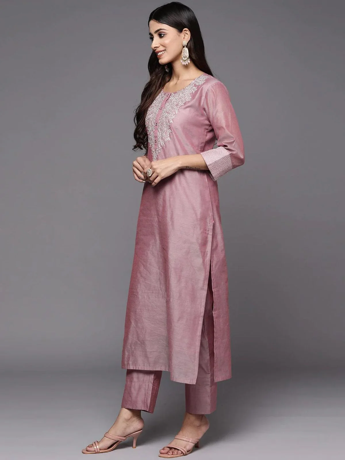 Odette Mauve Embroidered Poly Silk Stitched Kurta Set For Women - Image 3