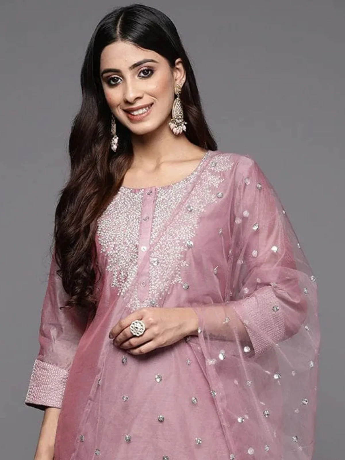Odette Mauve Embroidered Poly Silk Stitched Kurta Set For Women - Image 4