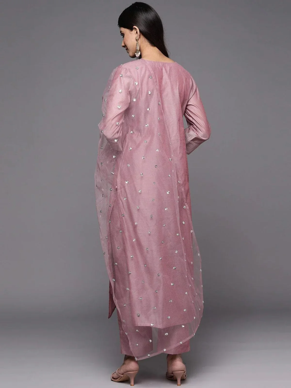 Odette Mauve Embroidered Poly Silk Stitched Kurta Set For Women - Image 5