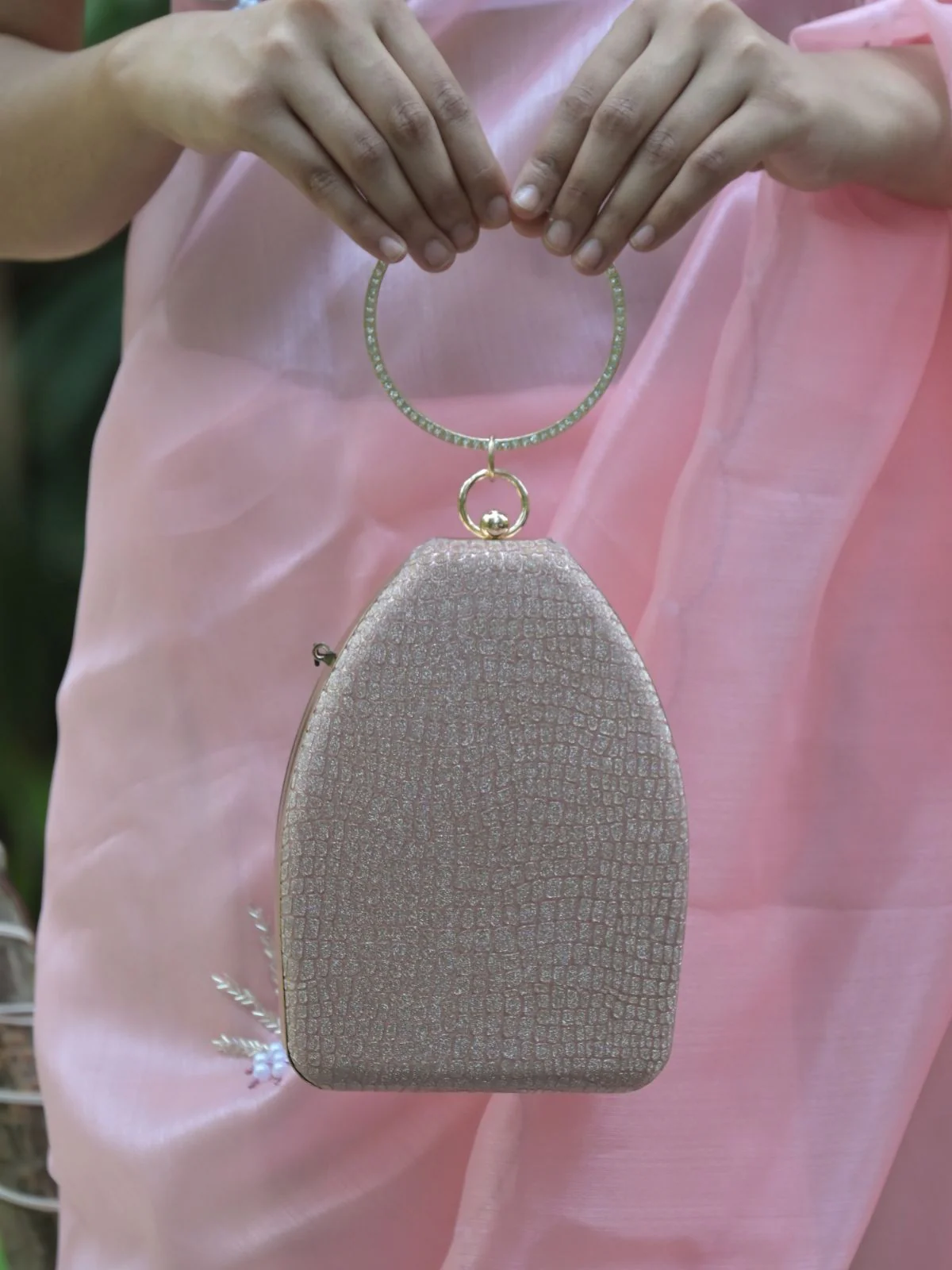 Odette Rose Gold Structured Shimmery Clutch For Women - Image 2