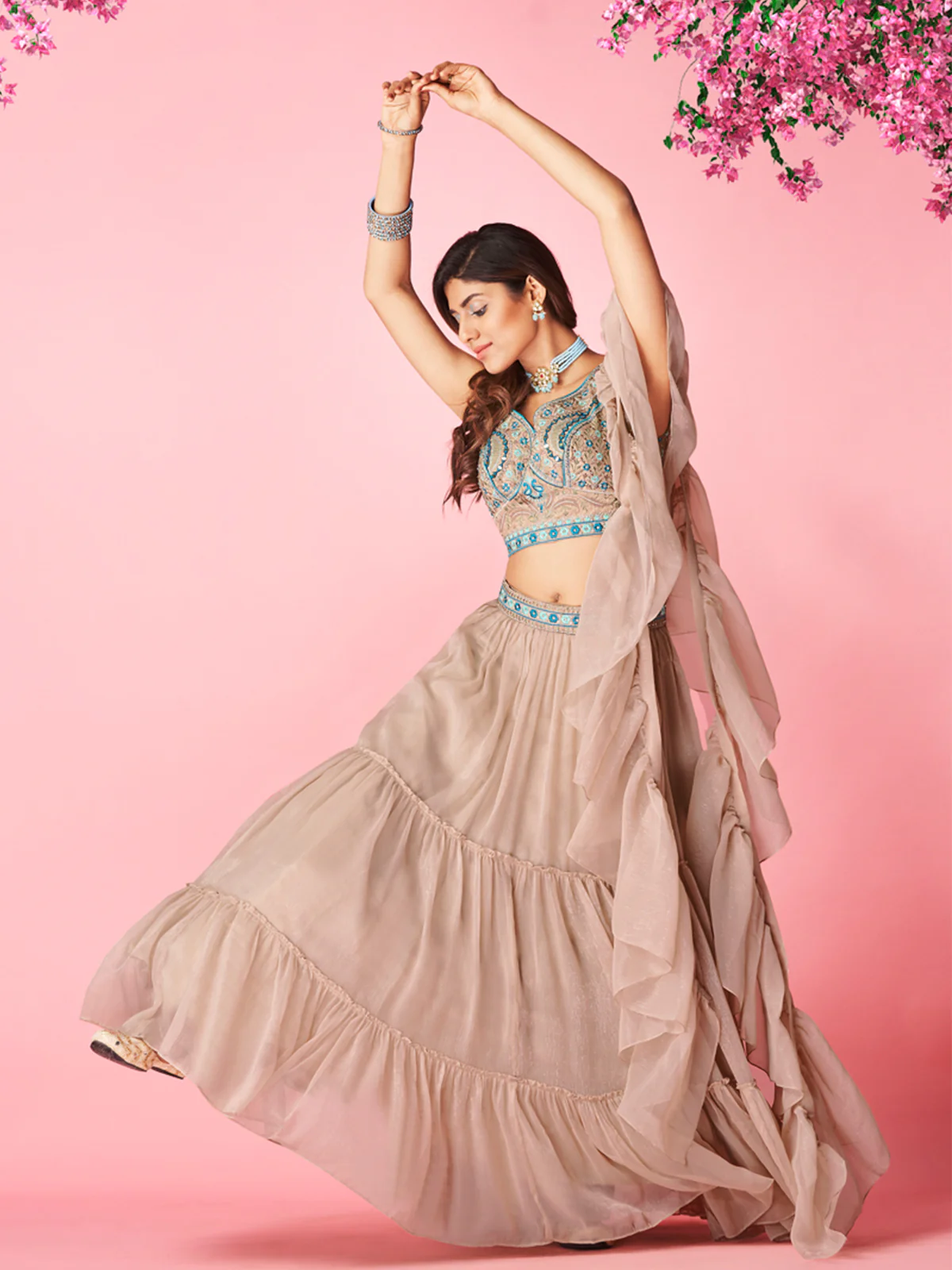 Odette Beige Chiffon Embellished Semi Stitched Lehenga With Unstitched Blouse For Women - Image 2