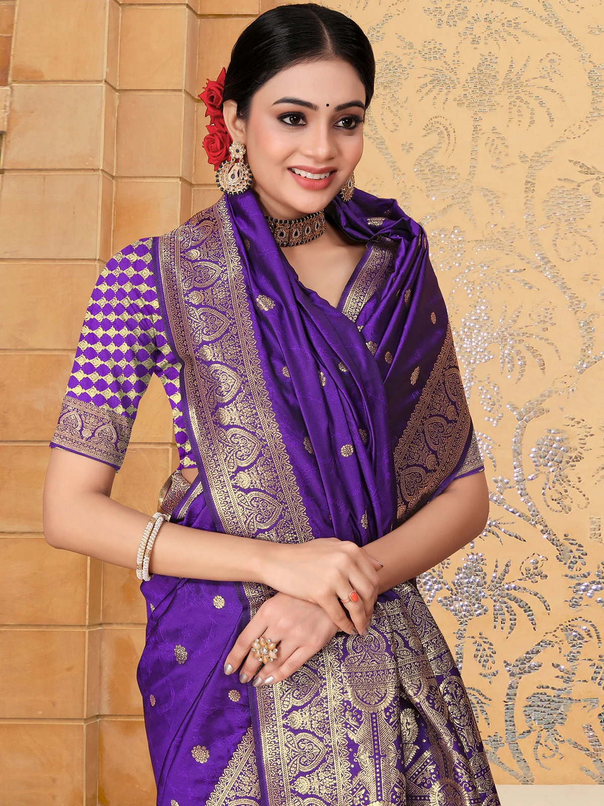 Odette Purple Banarasi Woven Saree With Unstitched Blouse For Women - Image 5