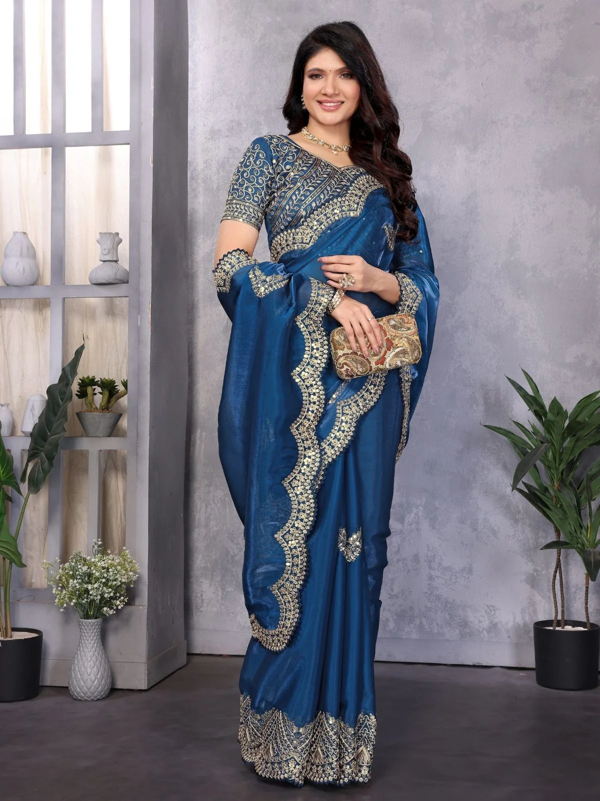 Odette Royal Blue Chiffon Embroidered Saree For Women - Image 2