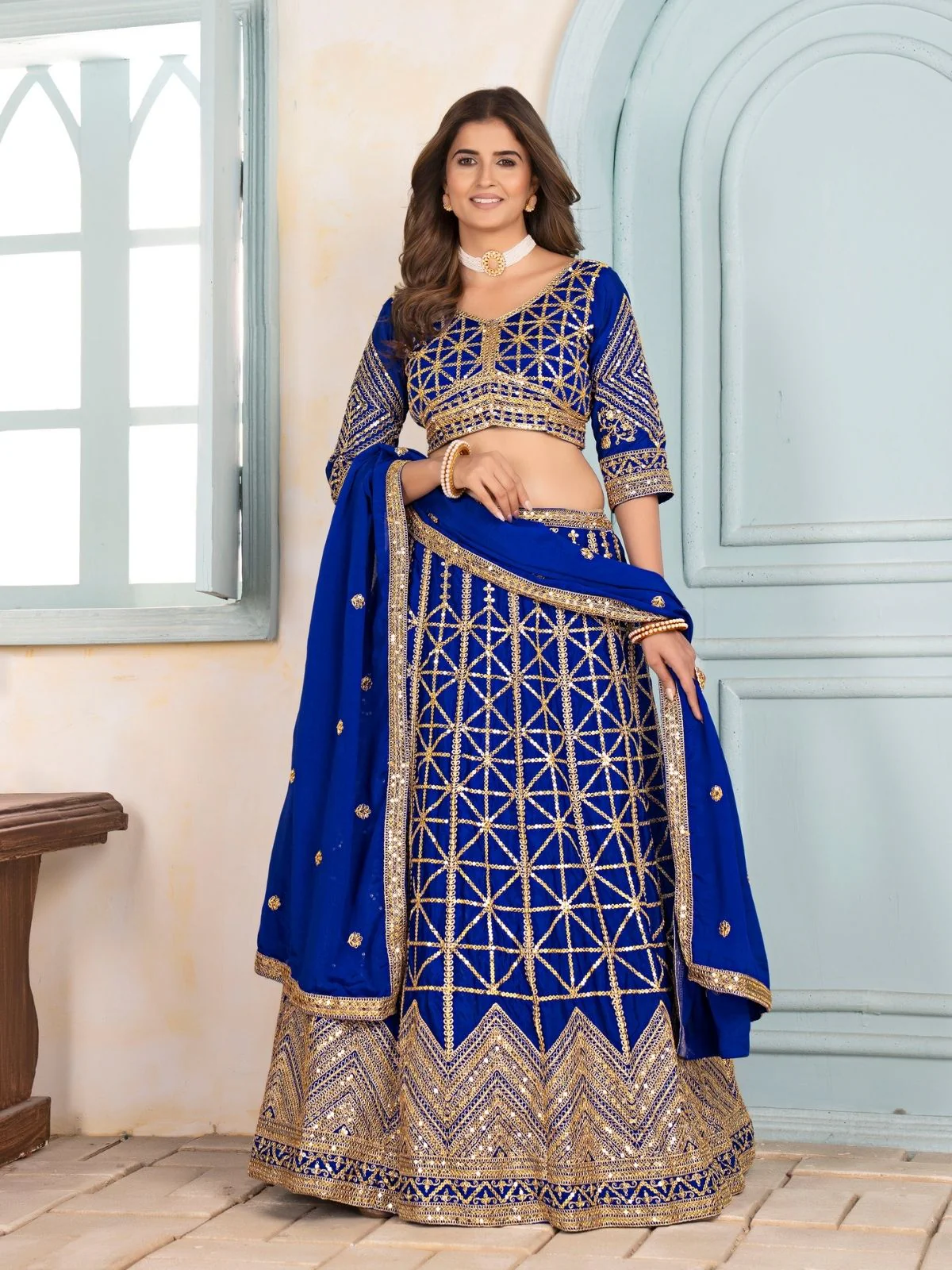 Odette Royal Blue Chinon Embellished Semi Stitched Lehenga For Women - Image 2