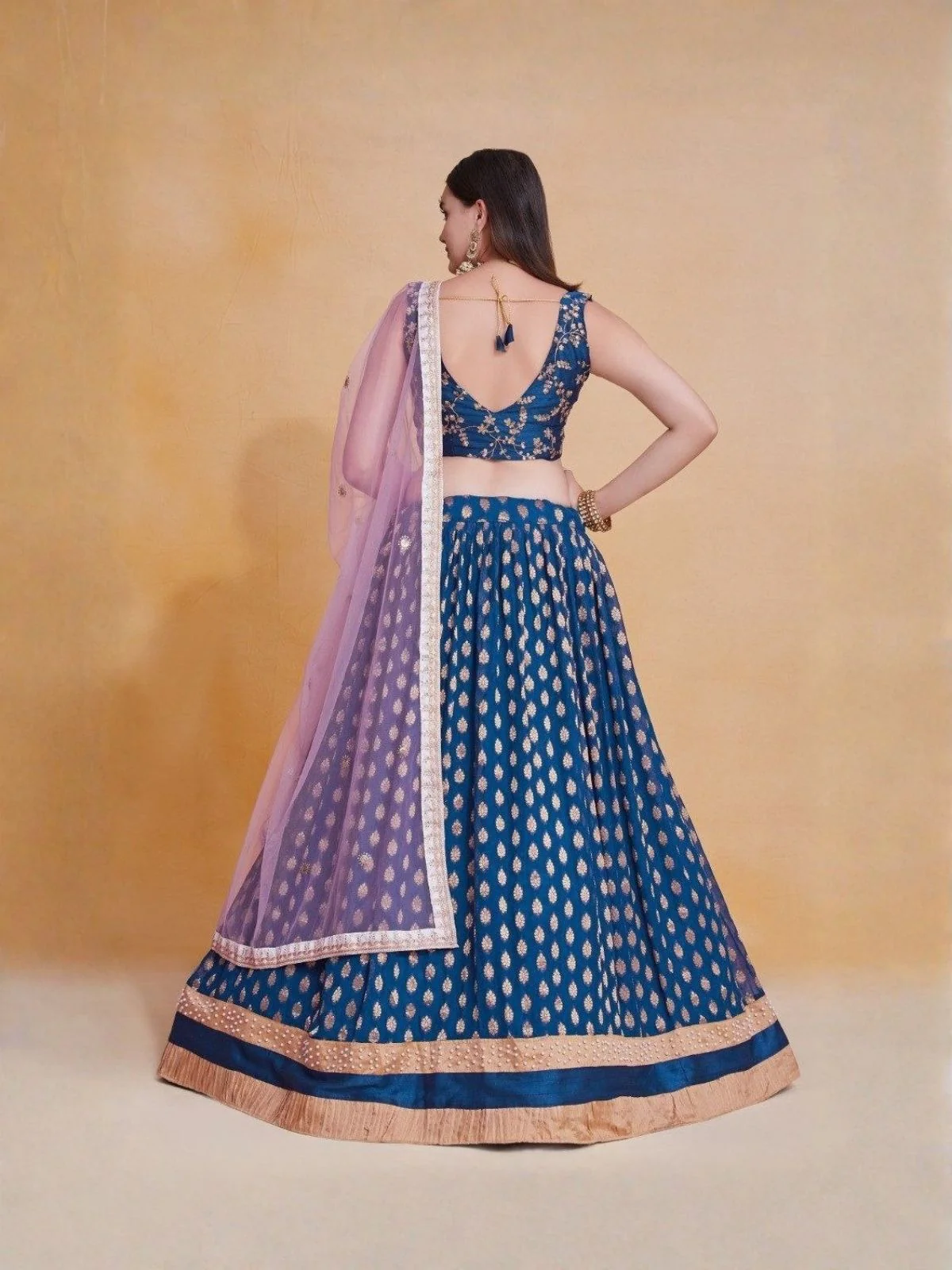 Odette Royal Blue Georgette Embellished Semi Stitched Lehenga For Women - Image 3
