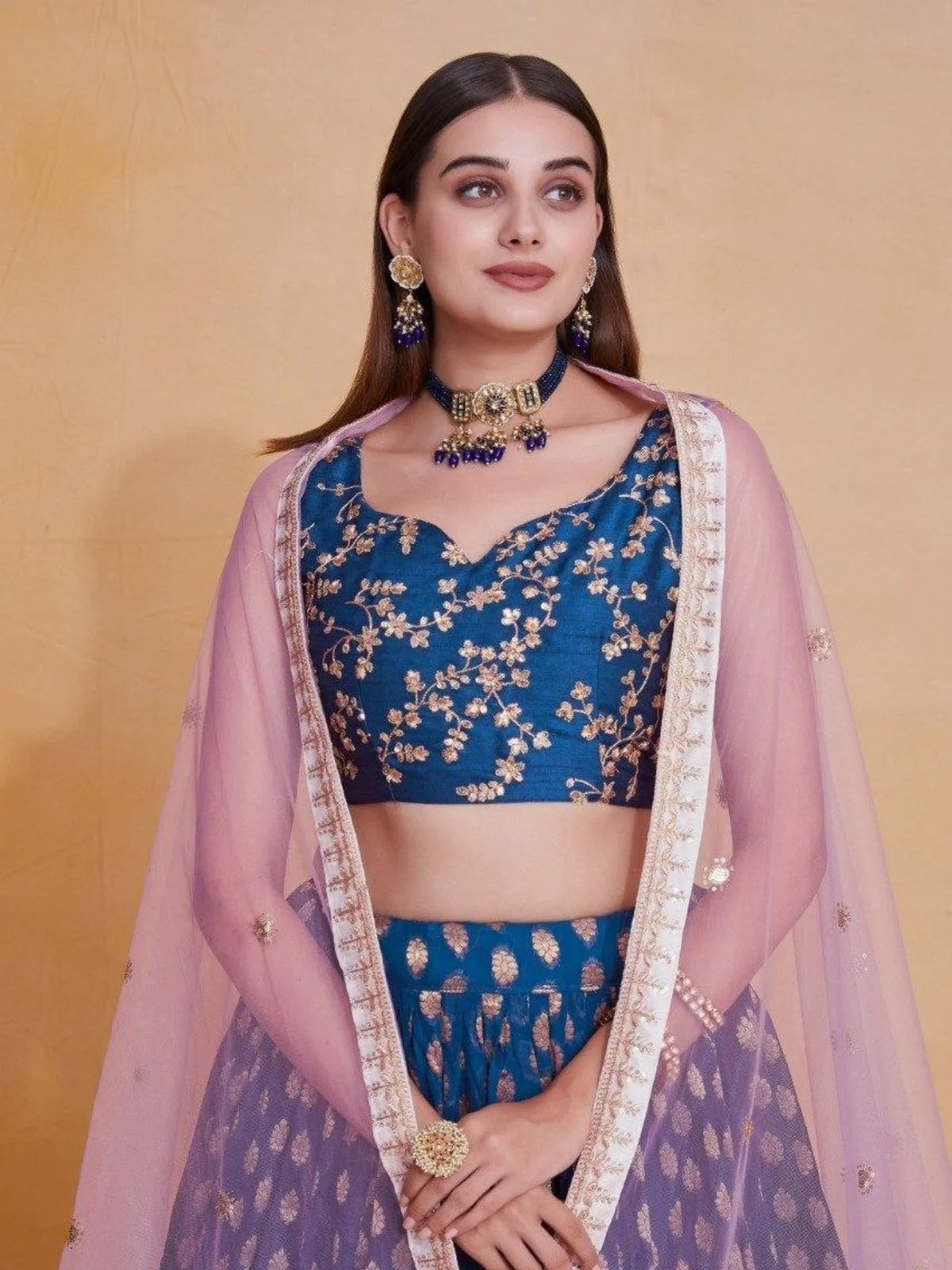 Odette Royal Blue Georgette Embellished Semi Stitched Lehenga For Women - Image 4
