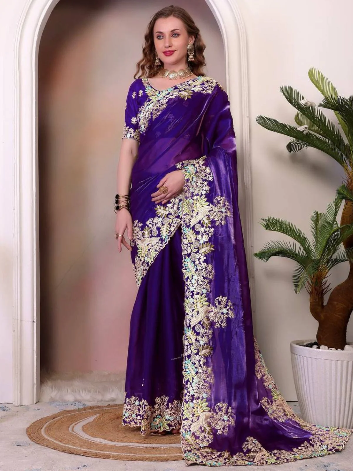 Odette Royal Blue Jimmy Choo Embellished Saree For Women - Image 2