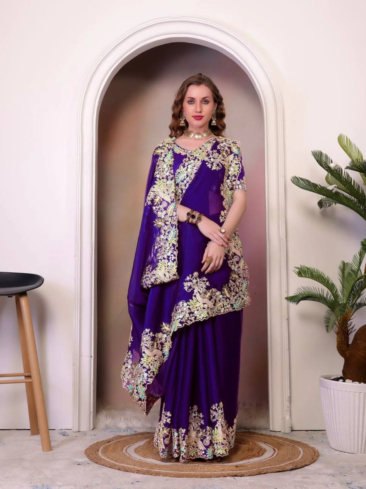Odette Royal Blue Jimmy Choo Embellished Saree For Women - Image 3