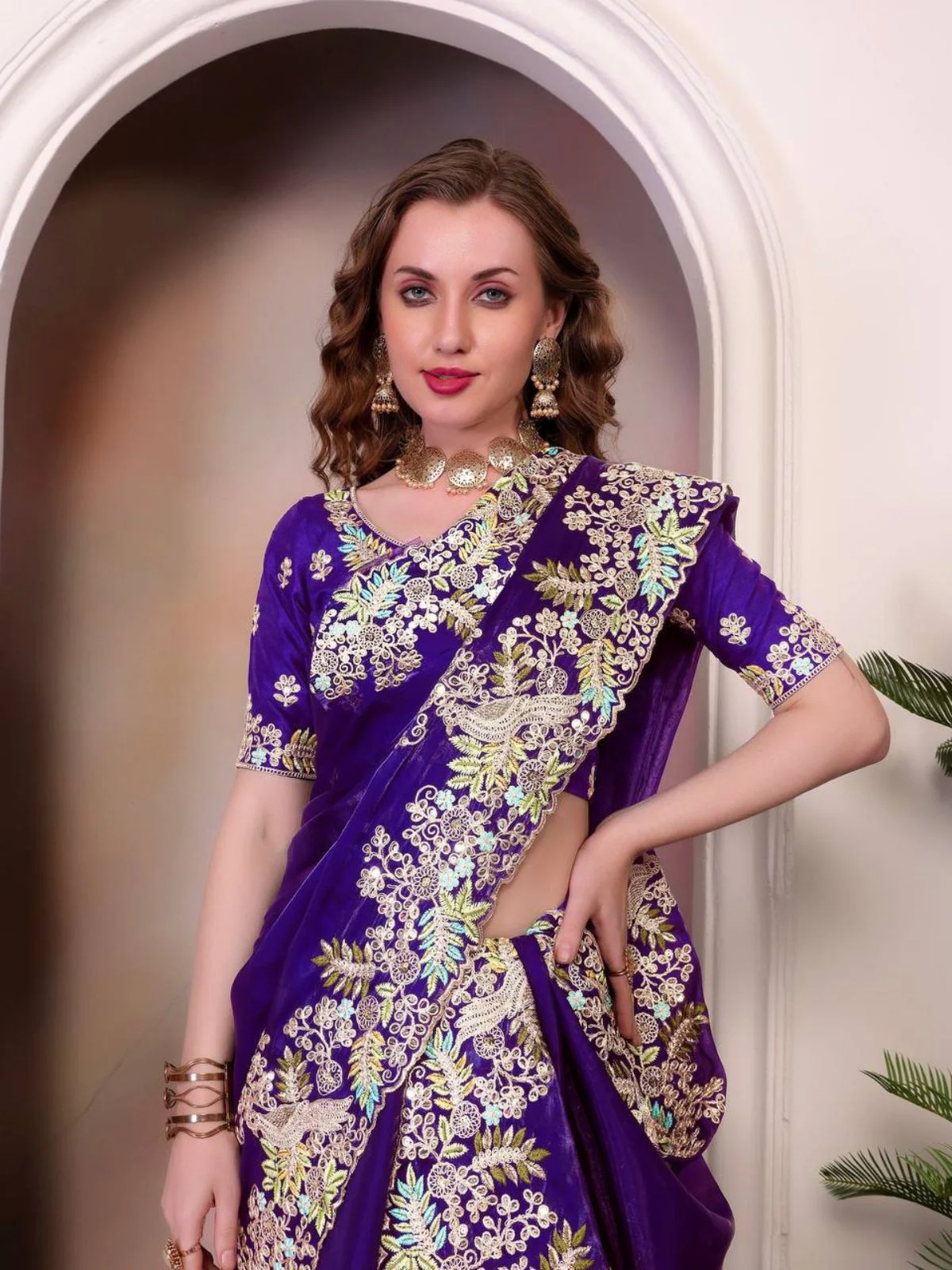 Odette Royal Blue Jimmy Choo Embellished Saree For Women - Image 4