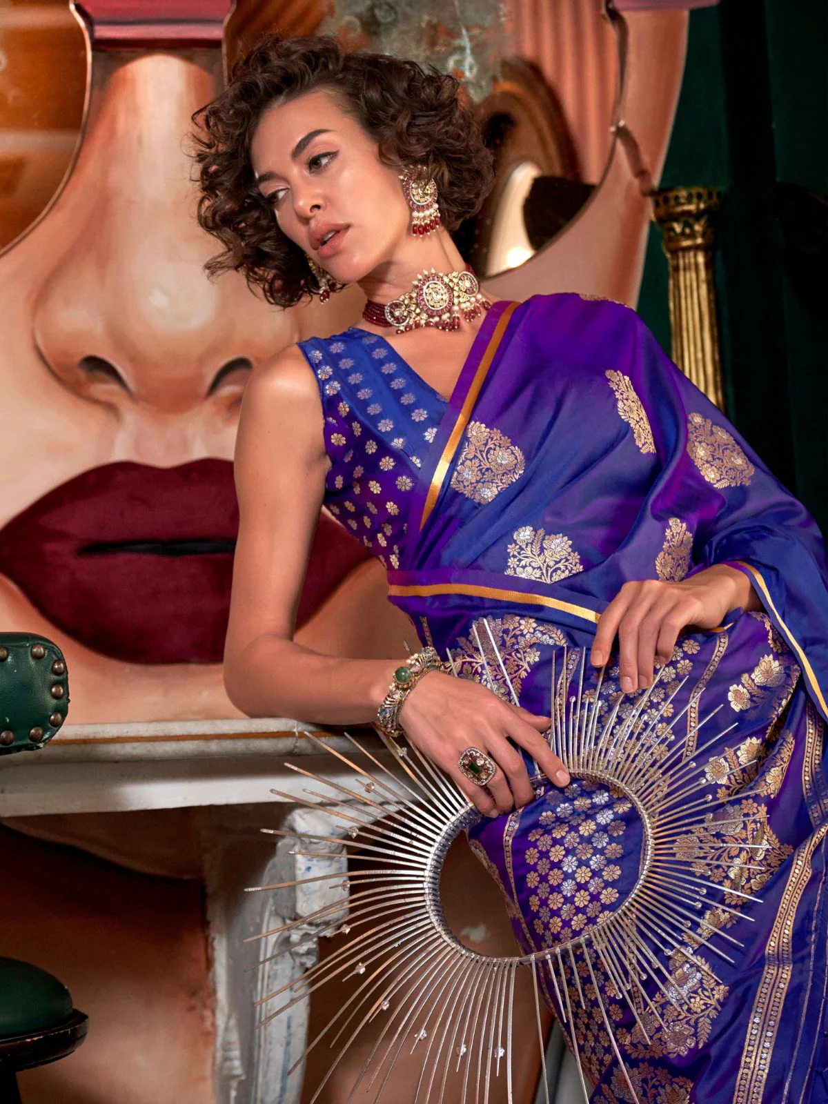 Odette Royal Blue Satin Woven Saree With Unstitched Blouse For Women - Image 2