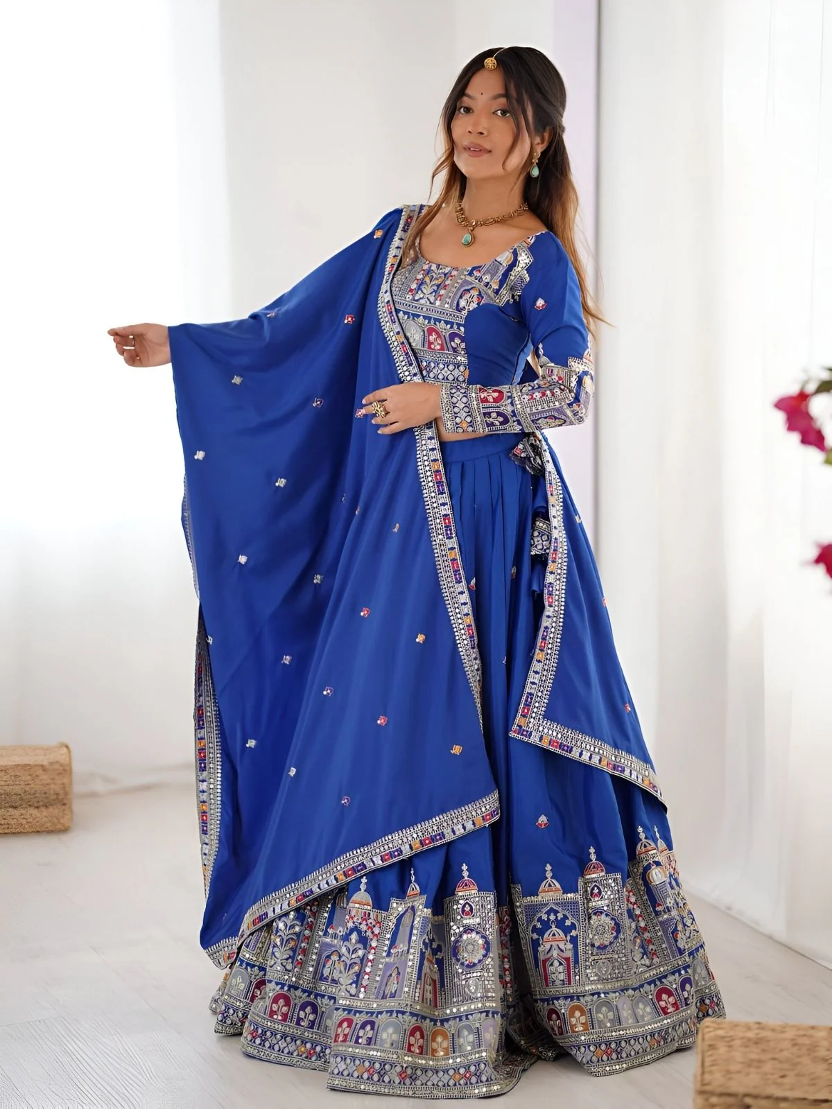 Odette Royal Blue Silk Blend Embroidered Semi-Stitched lehenga For Women - Image 4