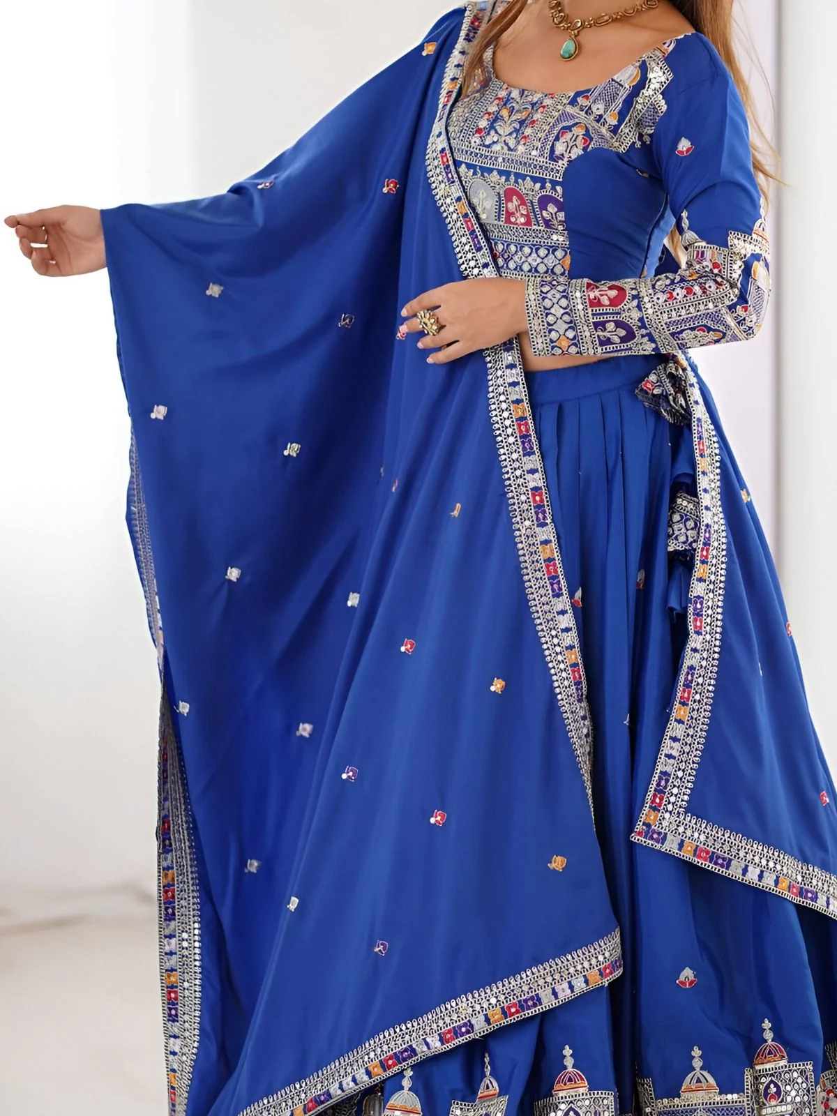 Odette Royal Blue Silk Blend Embroidered Semi-Stitched lehenga For Women - Image 5