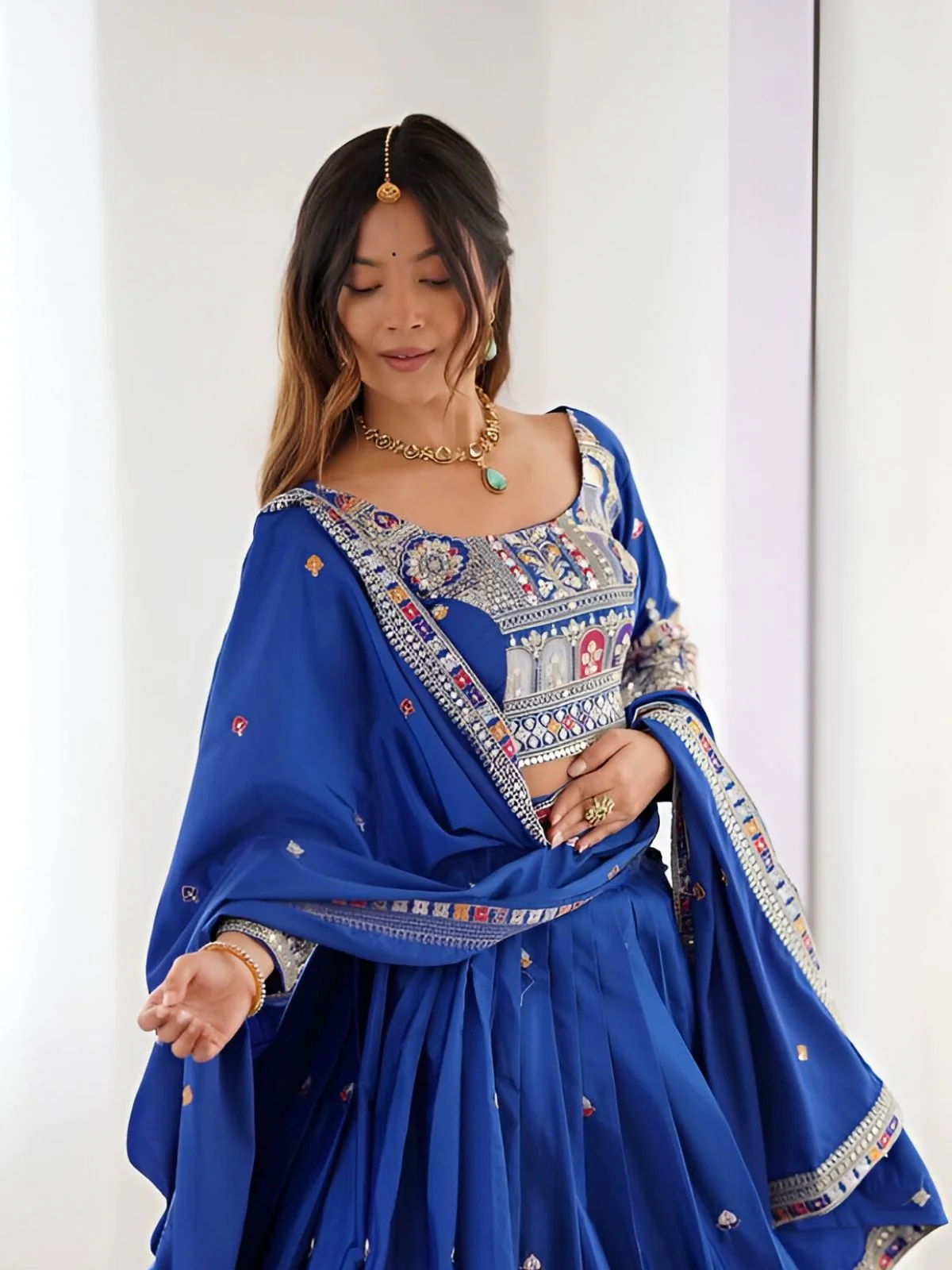 Odette Royal Blue Silk Blend Embroidered Semi-Stitched lehenga For Women - Image 6