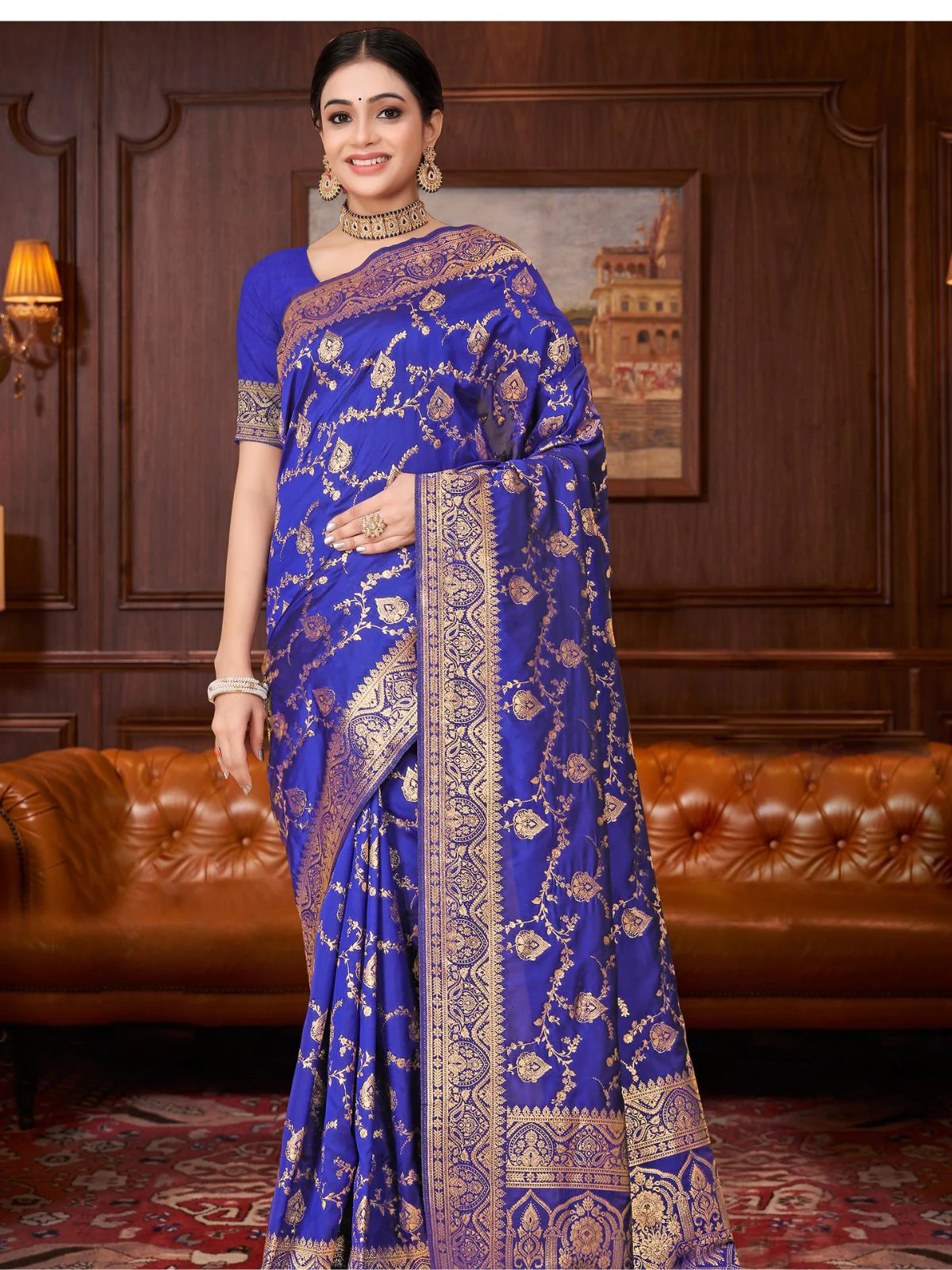 Odette Royal Blue Woven Banarasi Silk Saree With unstitched Blouse For Women - Image 3
