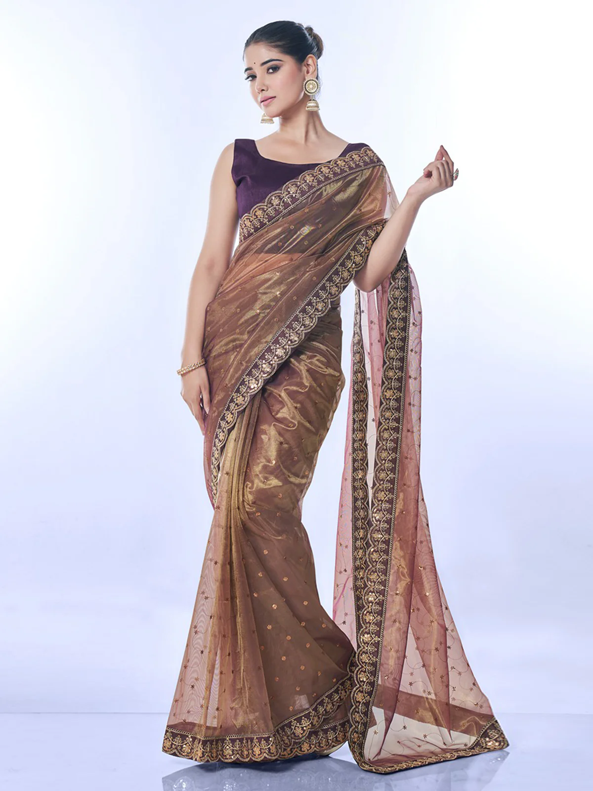 Odette Brown Embellished Net Saree With Unstitched Blouse For Women - Image 2