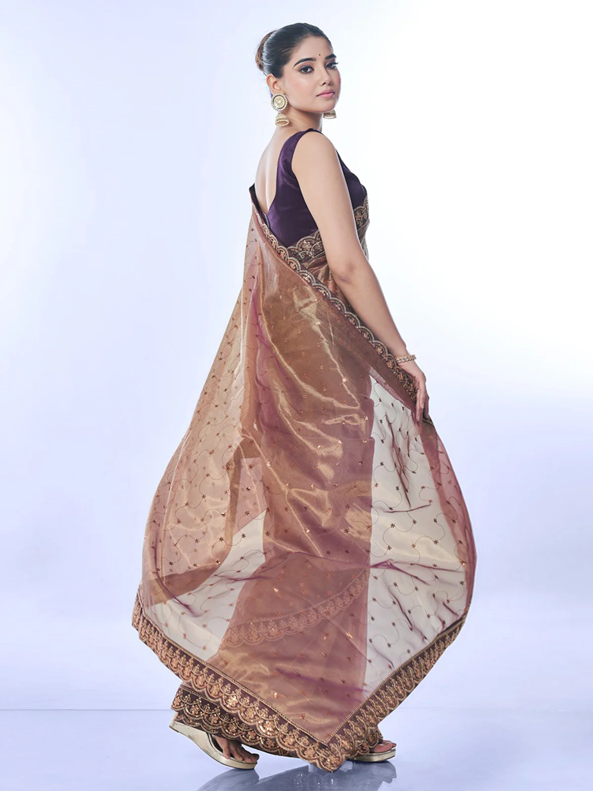 Odette Brown Embellished Net Saree With Unstitched Blouse For Women - Image 4
