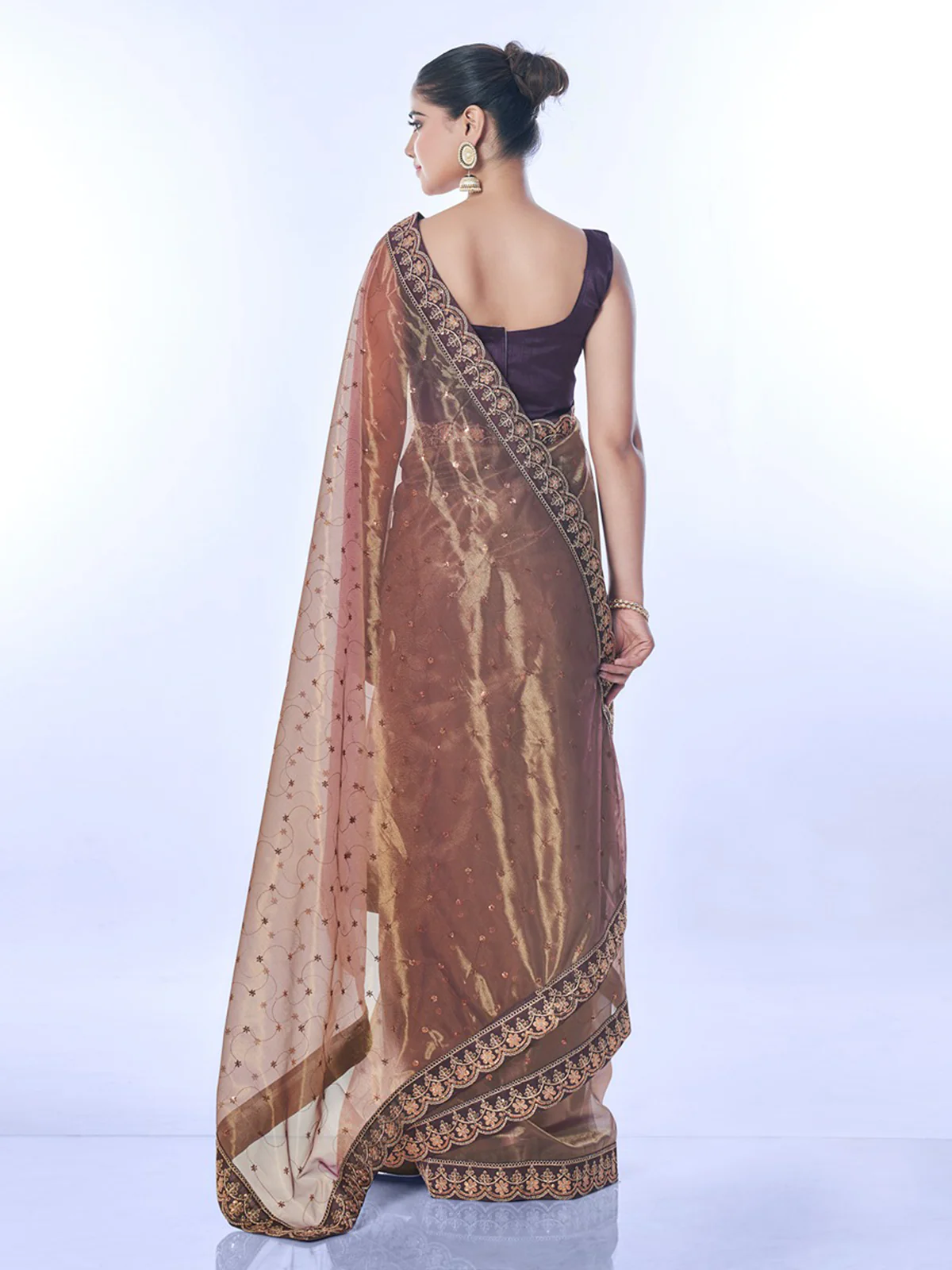 Odette Brown Embellished Net Saree With Unstitched Blouse For Women - Image 5