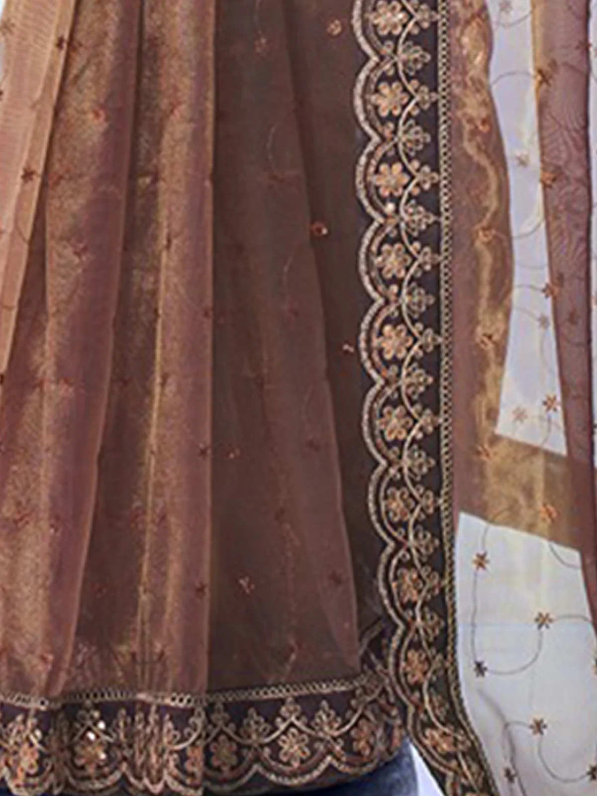 Odette Brown Embellished Net Saree With Unstitched Blouse For Women - Image 7