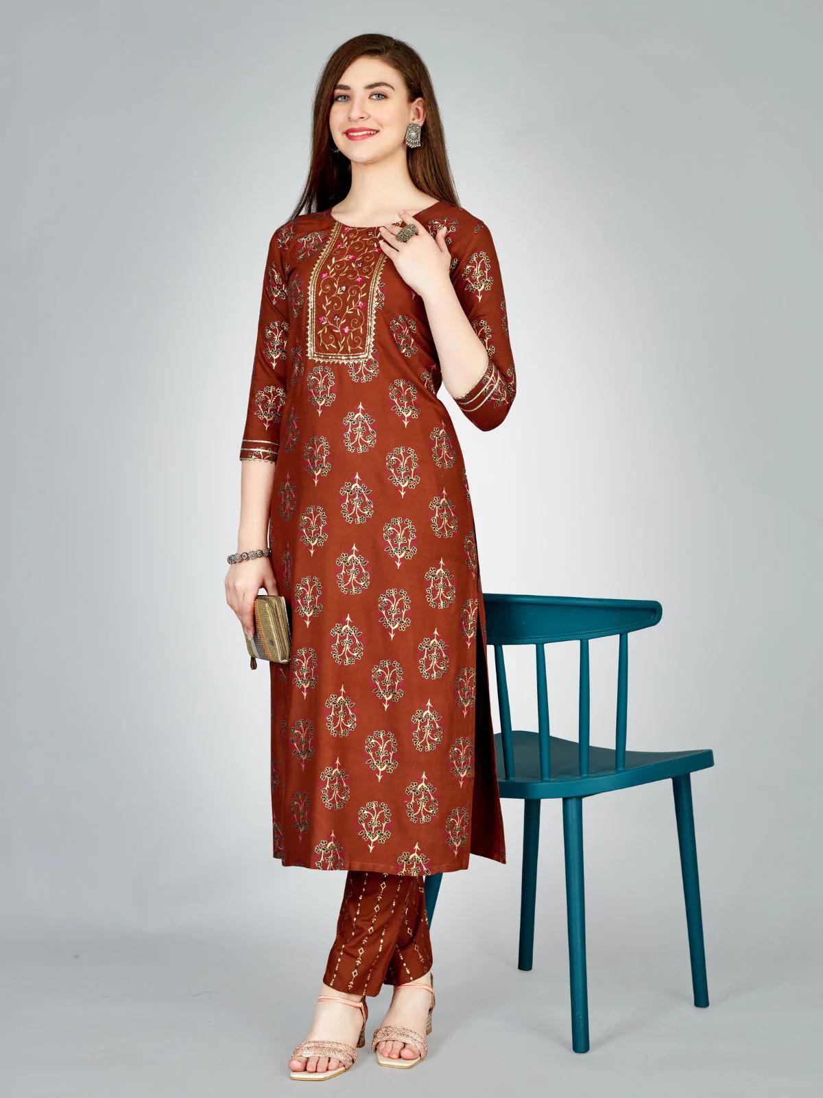 Odette Rust Embroidered Rayon Stitched Kurta Set For Women - Image 2