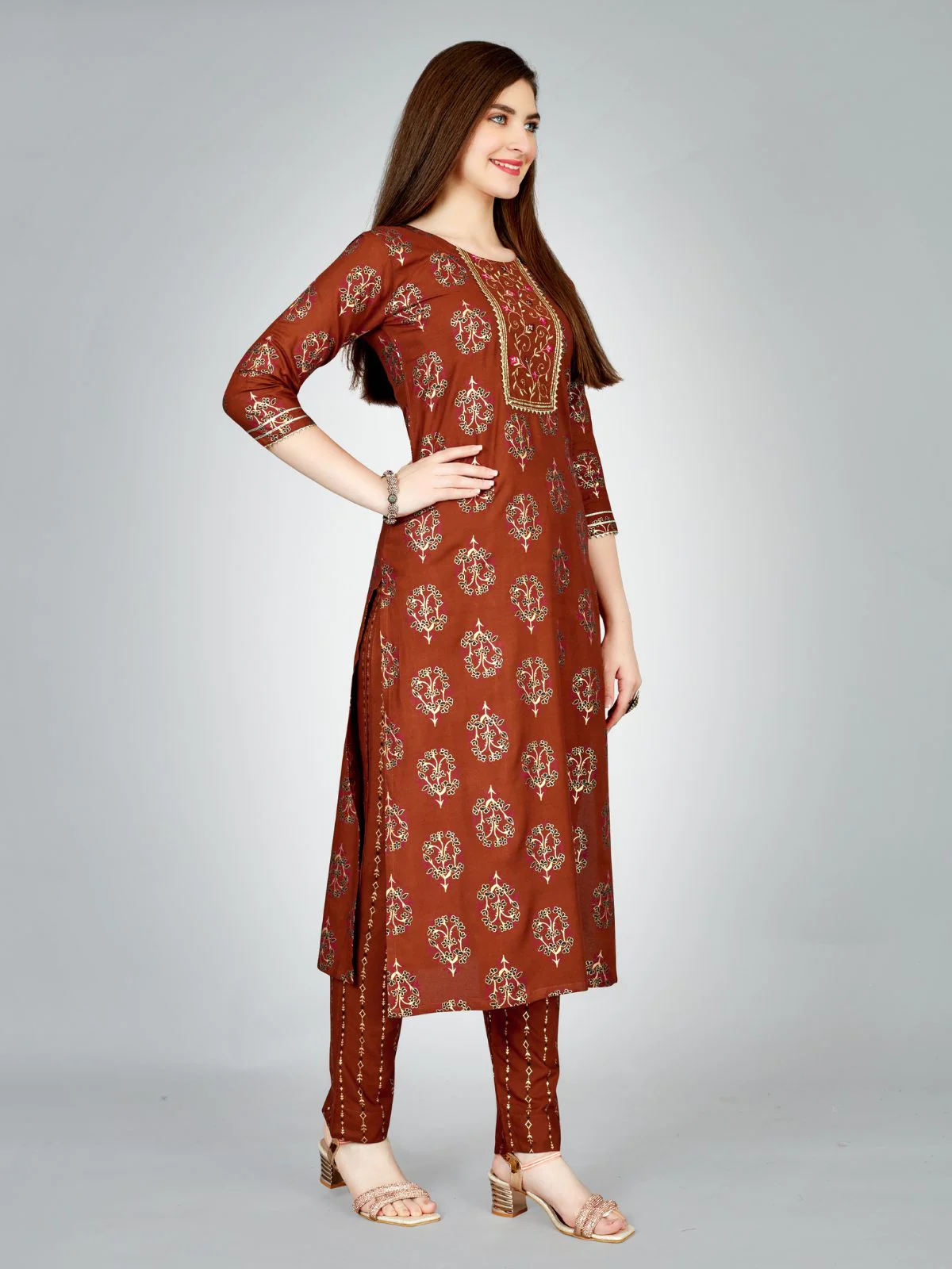 Odette Rust Embroidered Rayon Stitched Kurta Set For Women - Image 3