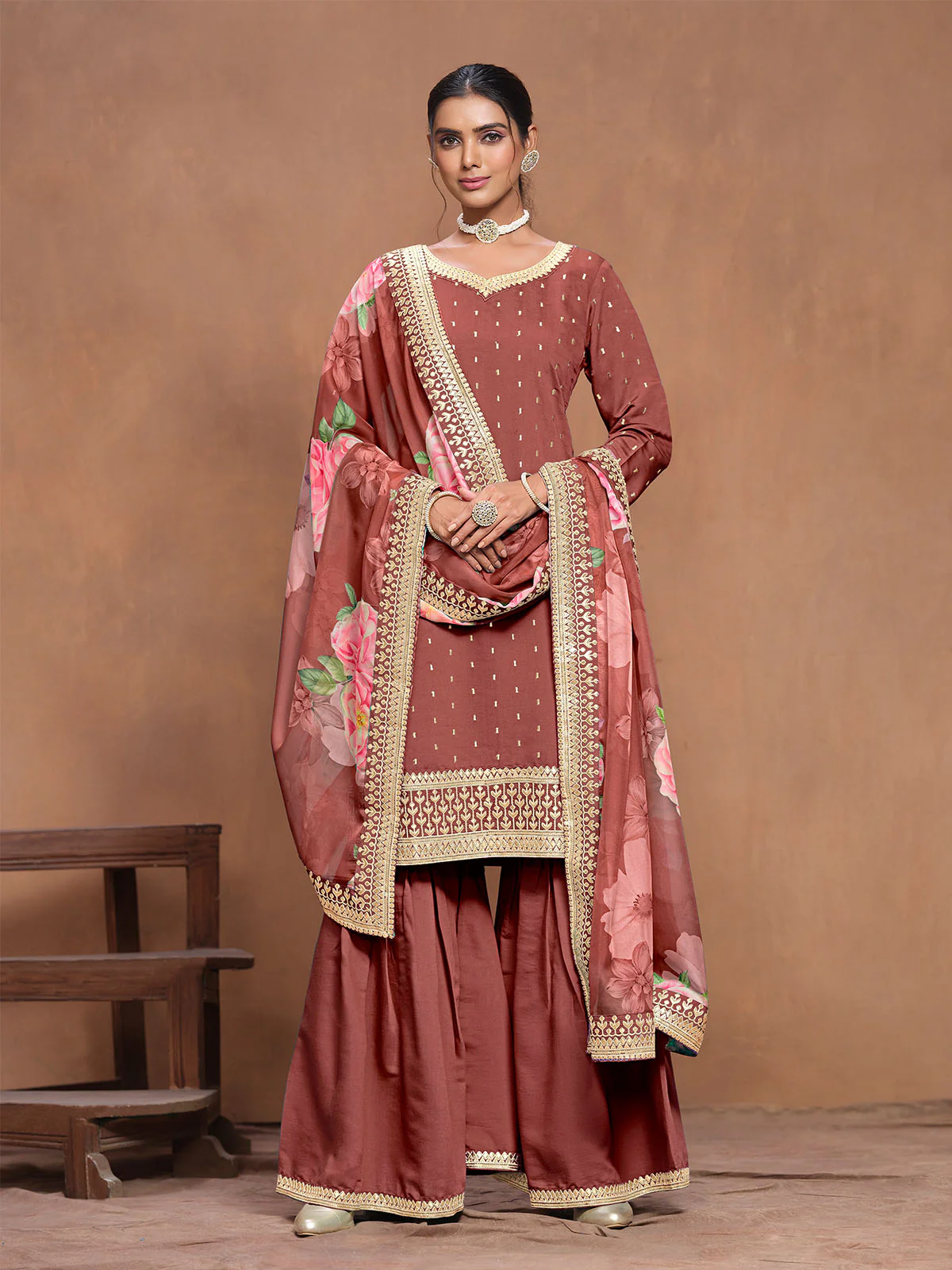 Odette Rust Embroidered Silk Blend Semi Stitched Kurta Set For Women - Image 2