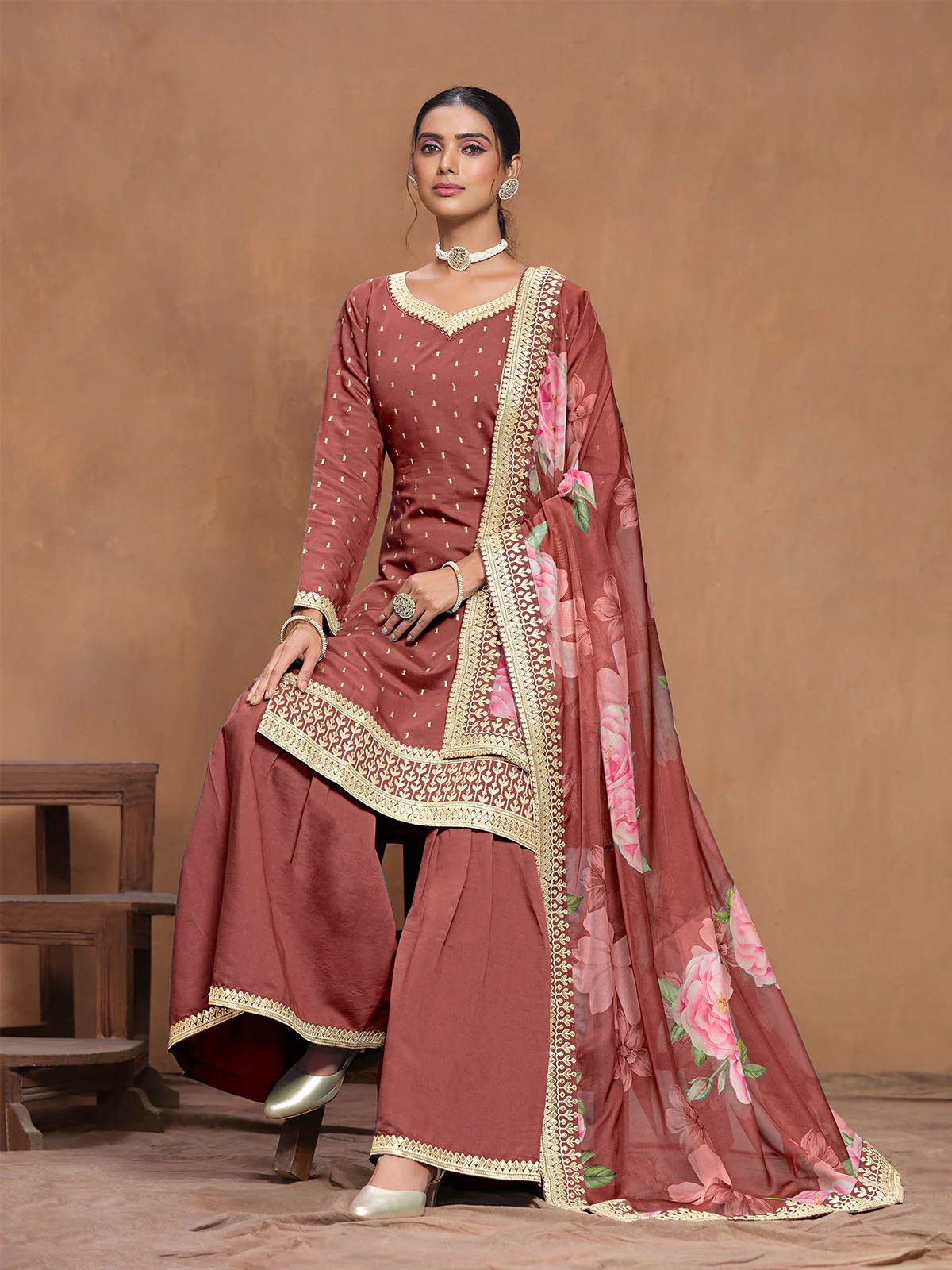 Odette Rust Embroidered Silk Blend Semi Stitched Kurta Set For Women - Image 3