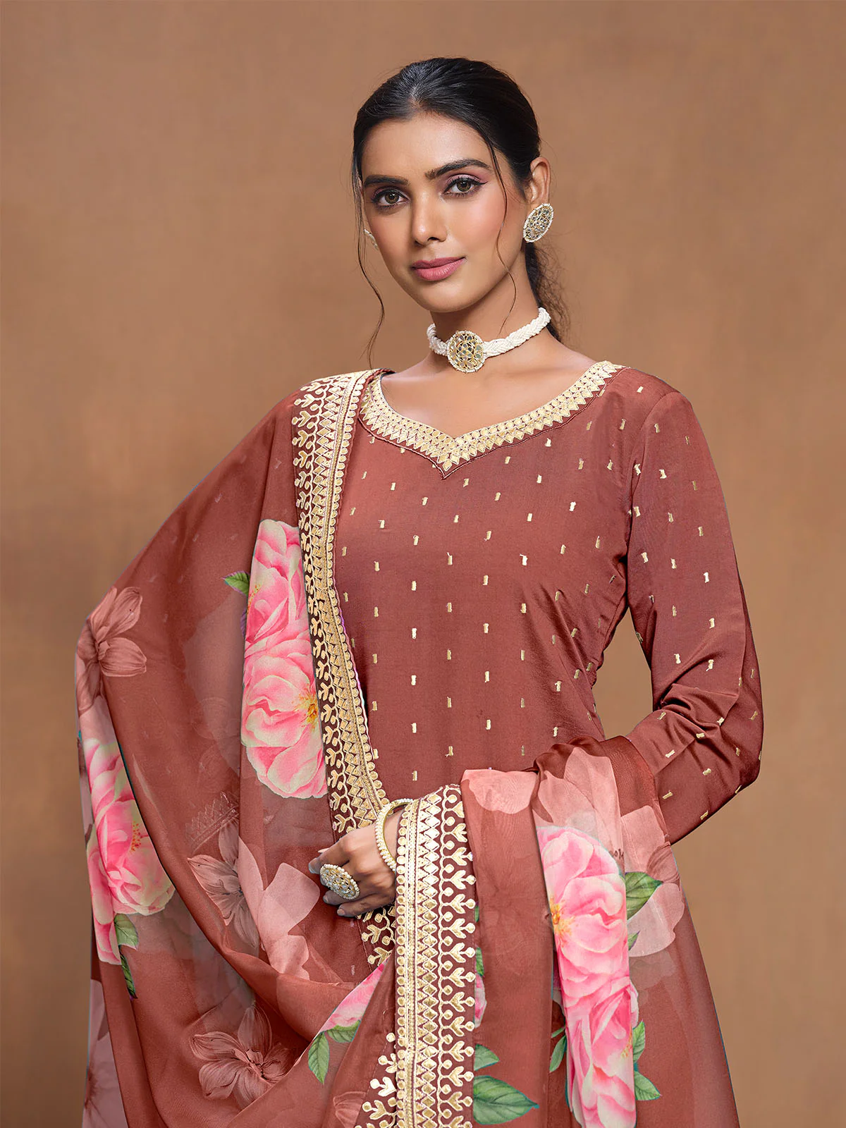 Odette Rust Embroidered Silk Blend Semi Stitched Kurta Set For Women - Image 4
