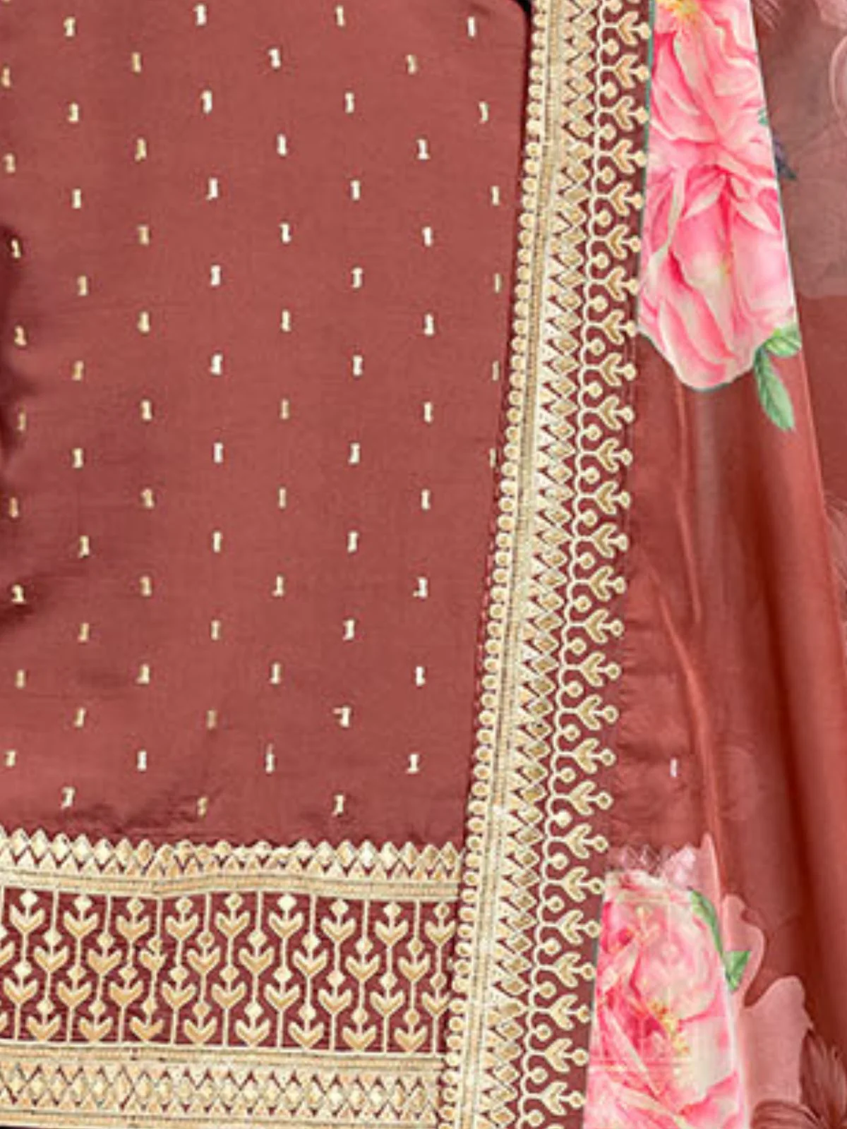 Odette Rust Embroidered Silk Blend Semi Stitched Kurta Set For Women - Image 5